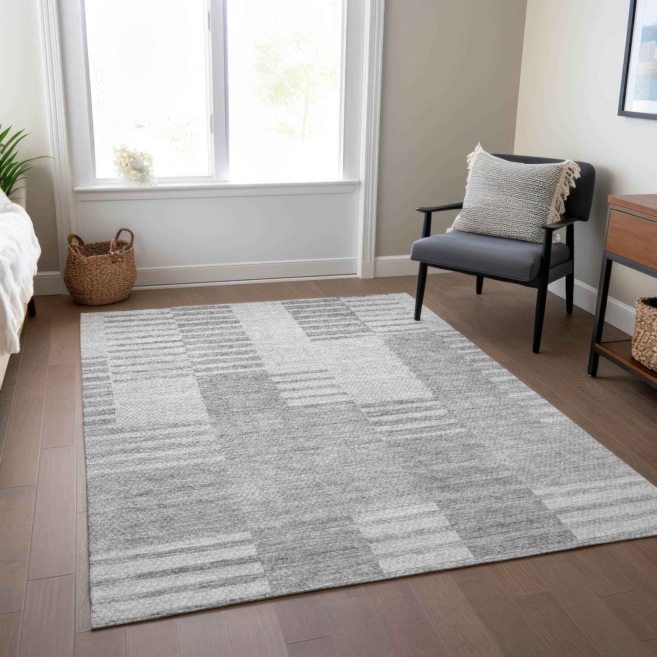 3' X 5' Silver Gray And Ivory Striped Washable Indoor Outdoor Area Rug
