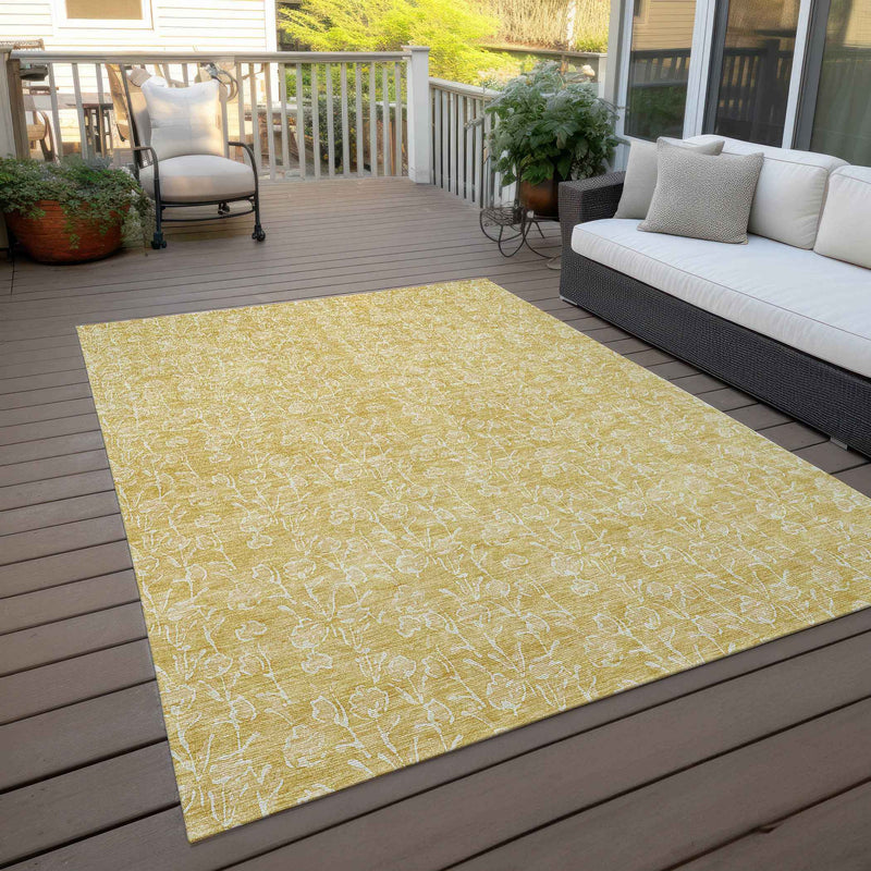 8' X 10' Gold And Ivory Floral Washable Indoor Outdoor Area Rug