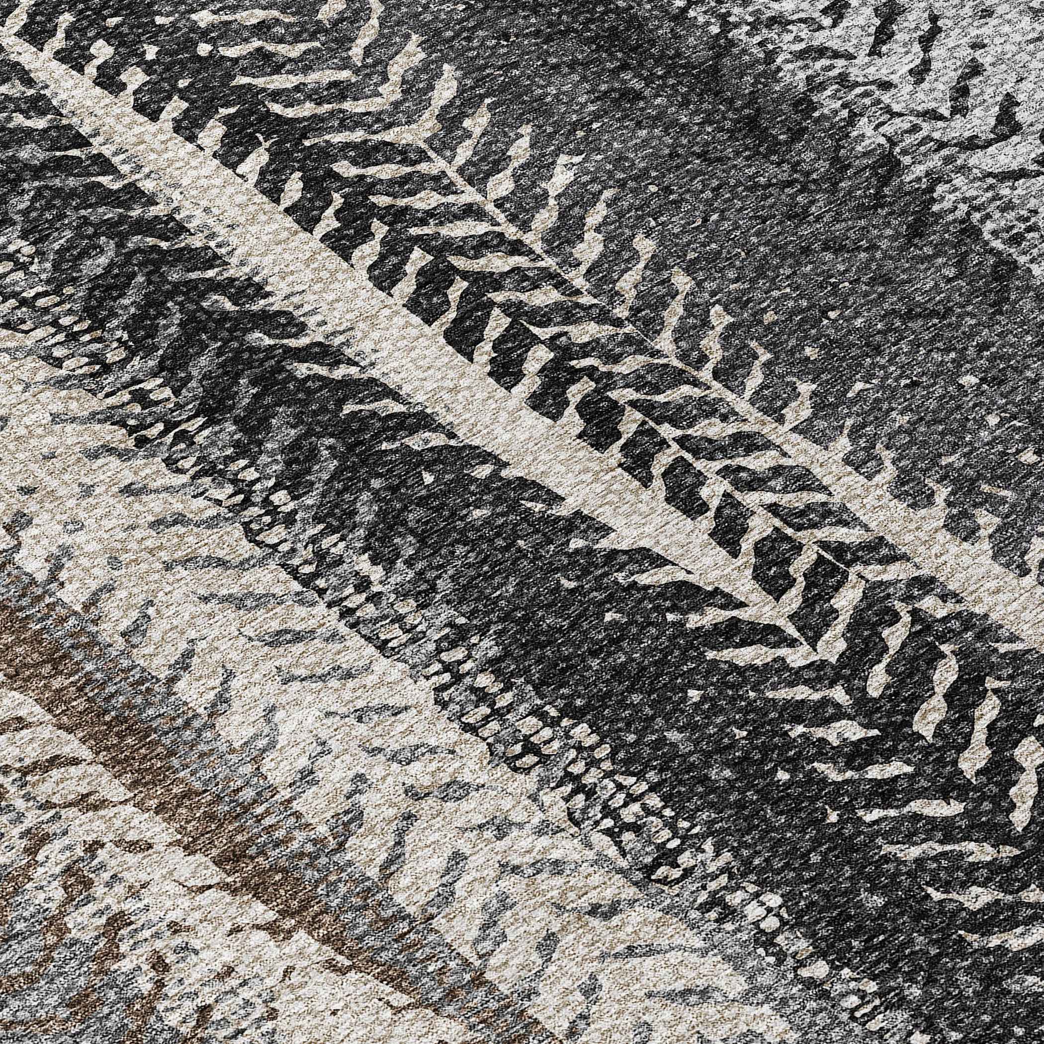 8' Brown Gray And Ivory Round Botanical Leaves Washable Indoor Outdoor Area Rug