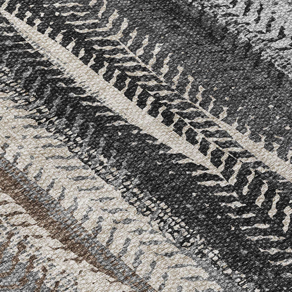 8' Brown Gray And Ivory Round Botanical Leaves Washable Indoor Outdoor Area Rug