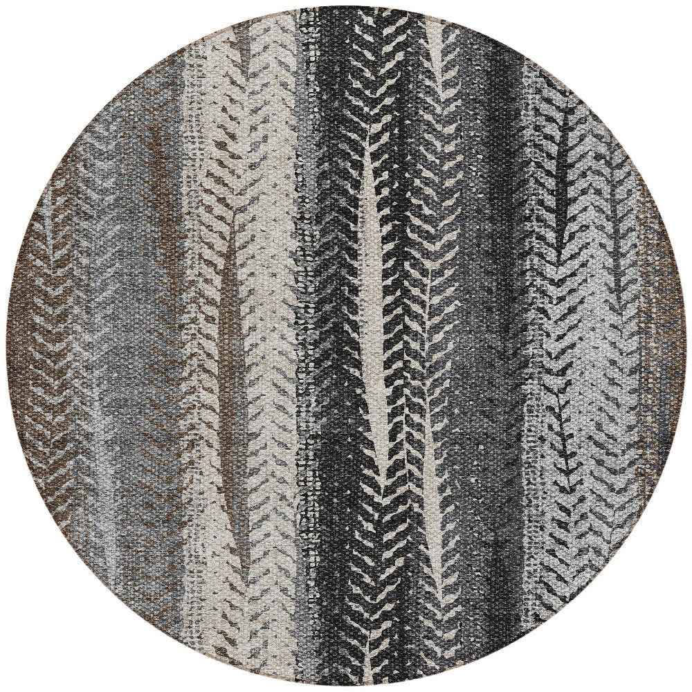 8' Brown Gray And Ivory Round Botanical Leaves Washable Indoor Outdoor Area Rug