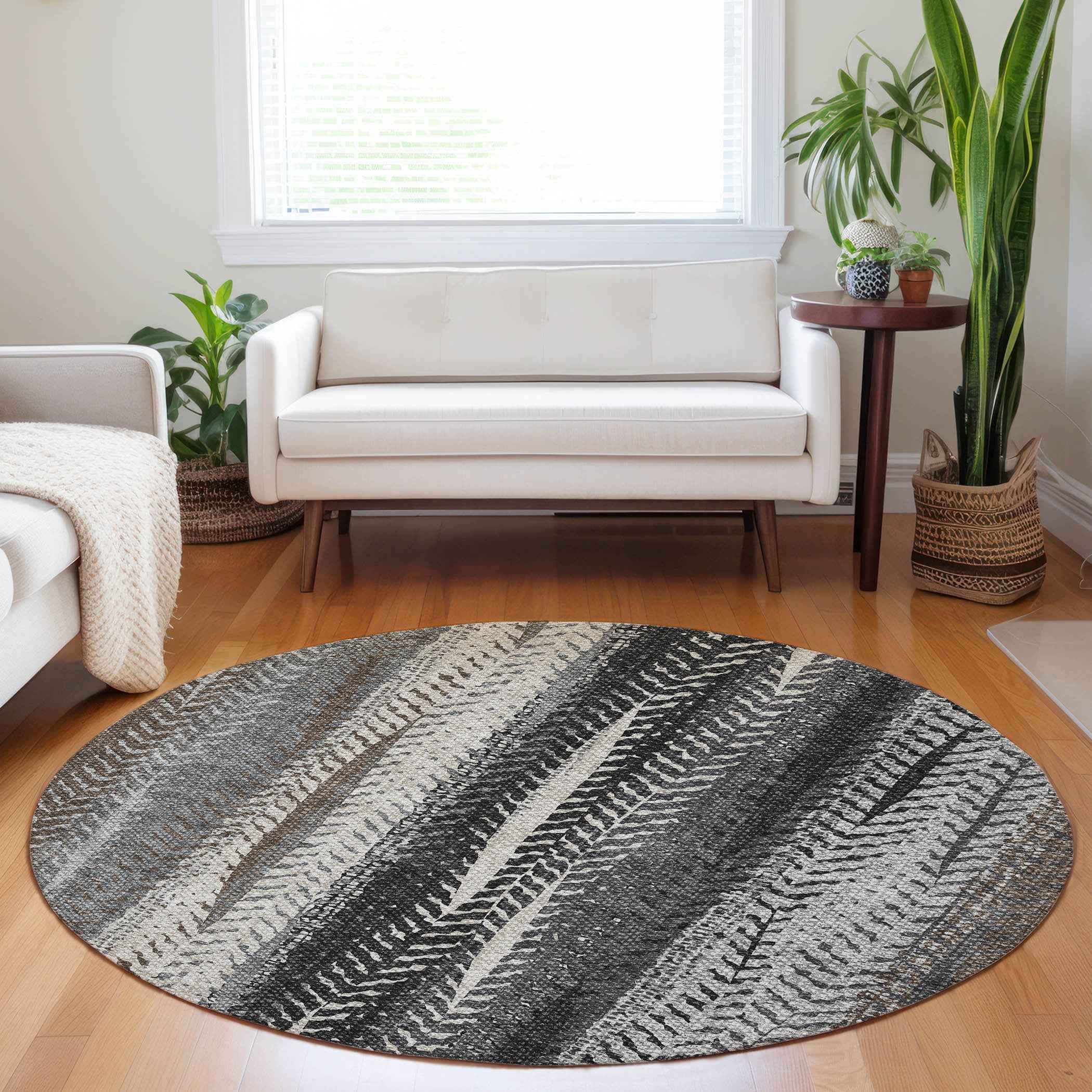 8' Brown Gray And Ivory Round Botanical Leaves Washable Indoor Outdoor Area Rug