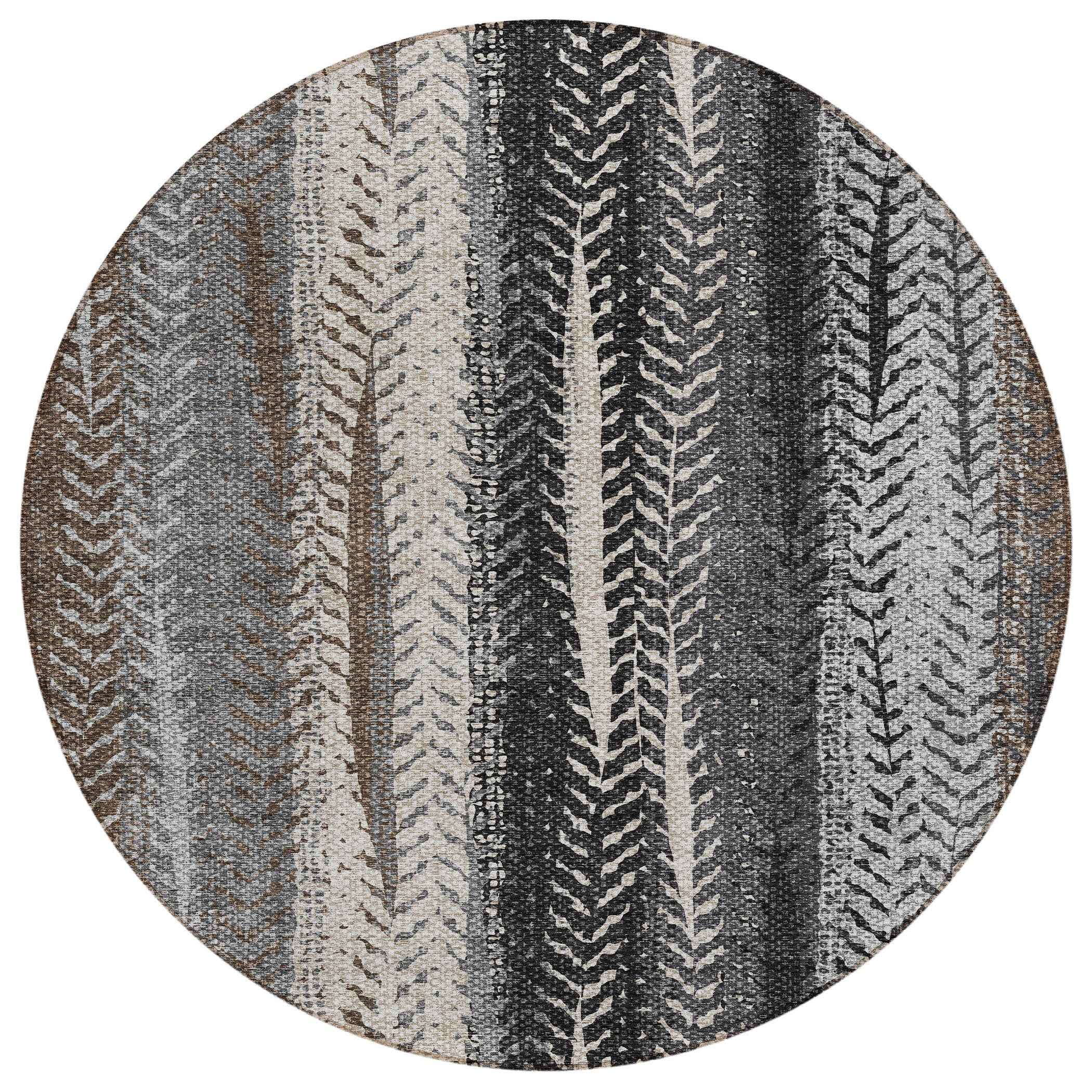 8' Brown Gray And Ivory Round Botanical Leaves Washable Indoor Outdoor Area Rug