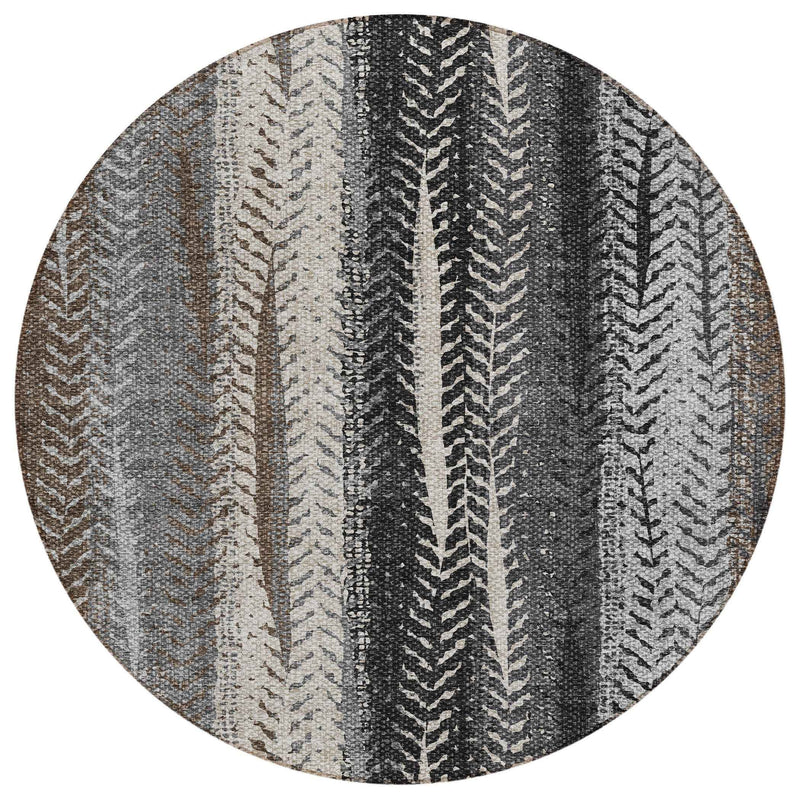 8' Brown Gray And Ivory Round Botanical Leaves Washable Indoor Outdoor Area Rug