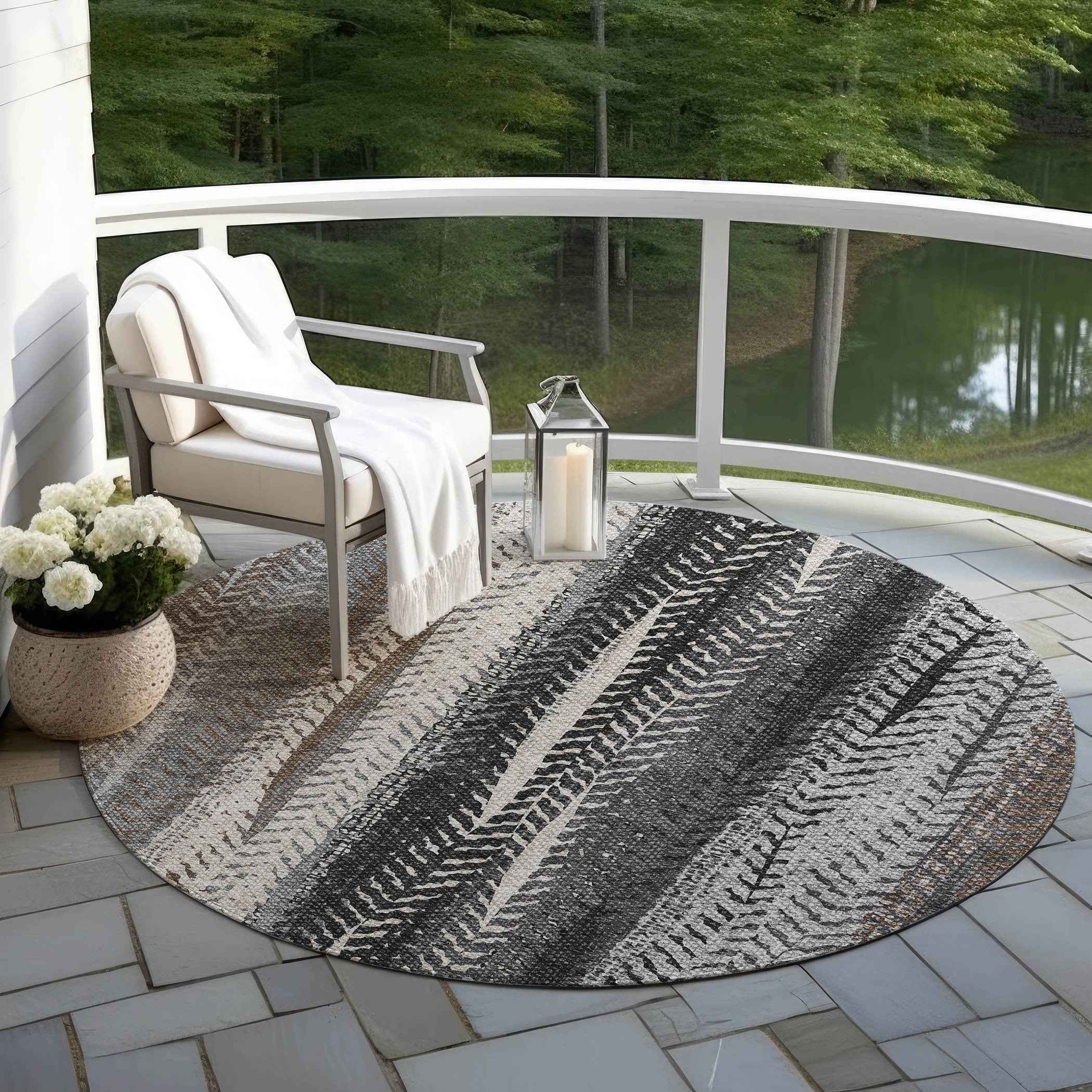8' Brown Gray And Ivory Round Botanical Leaves Washable Indoor Outdoor Area Rug