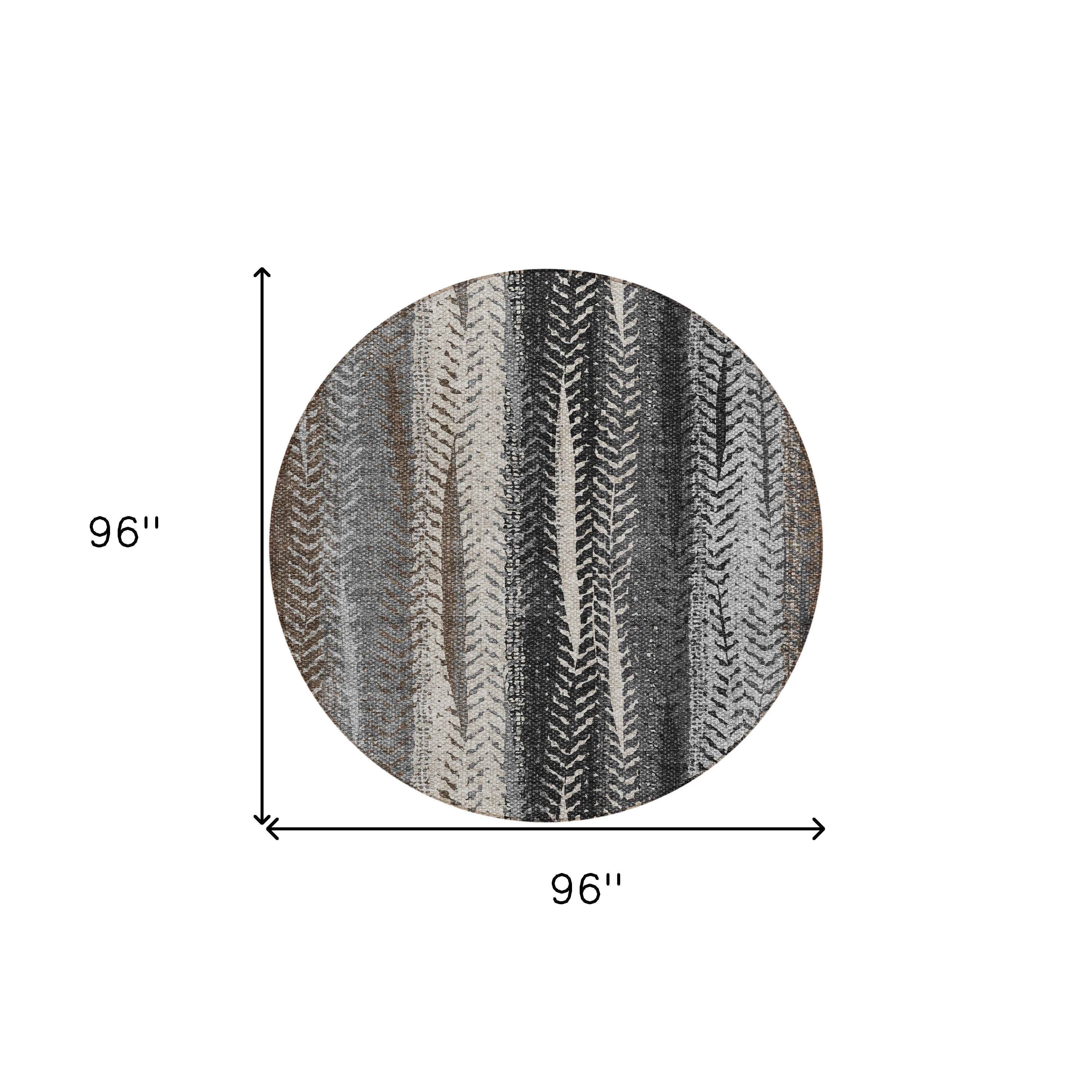 8' Brown Gray And Ivory Round Botanical Leaves Washable Indoor Outdoor Area Rug