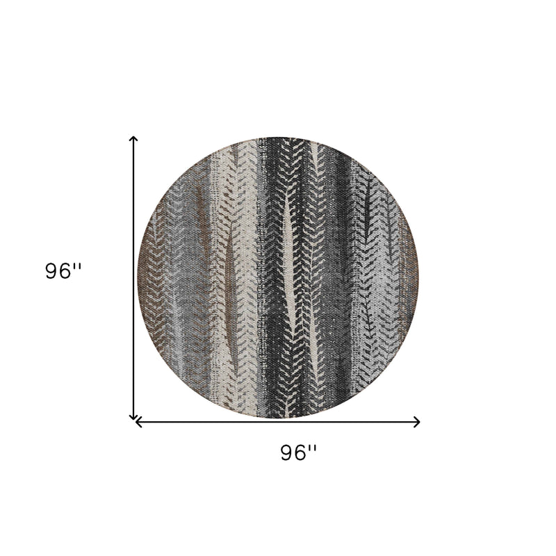 8' Brown Gray And Ivory Round Botanical Leaves Washable Indoor Outdoor Area Rug