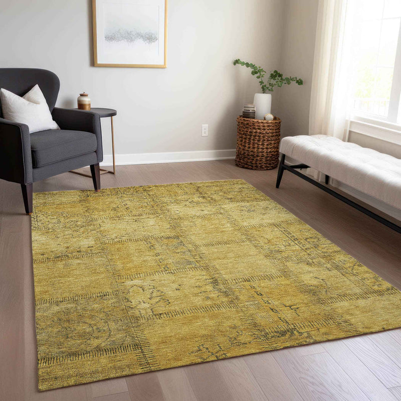 8' X 10' Gold Wheat And Gray Patchwork Washable Indoor Outdoor Area Rug