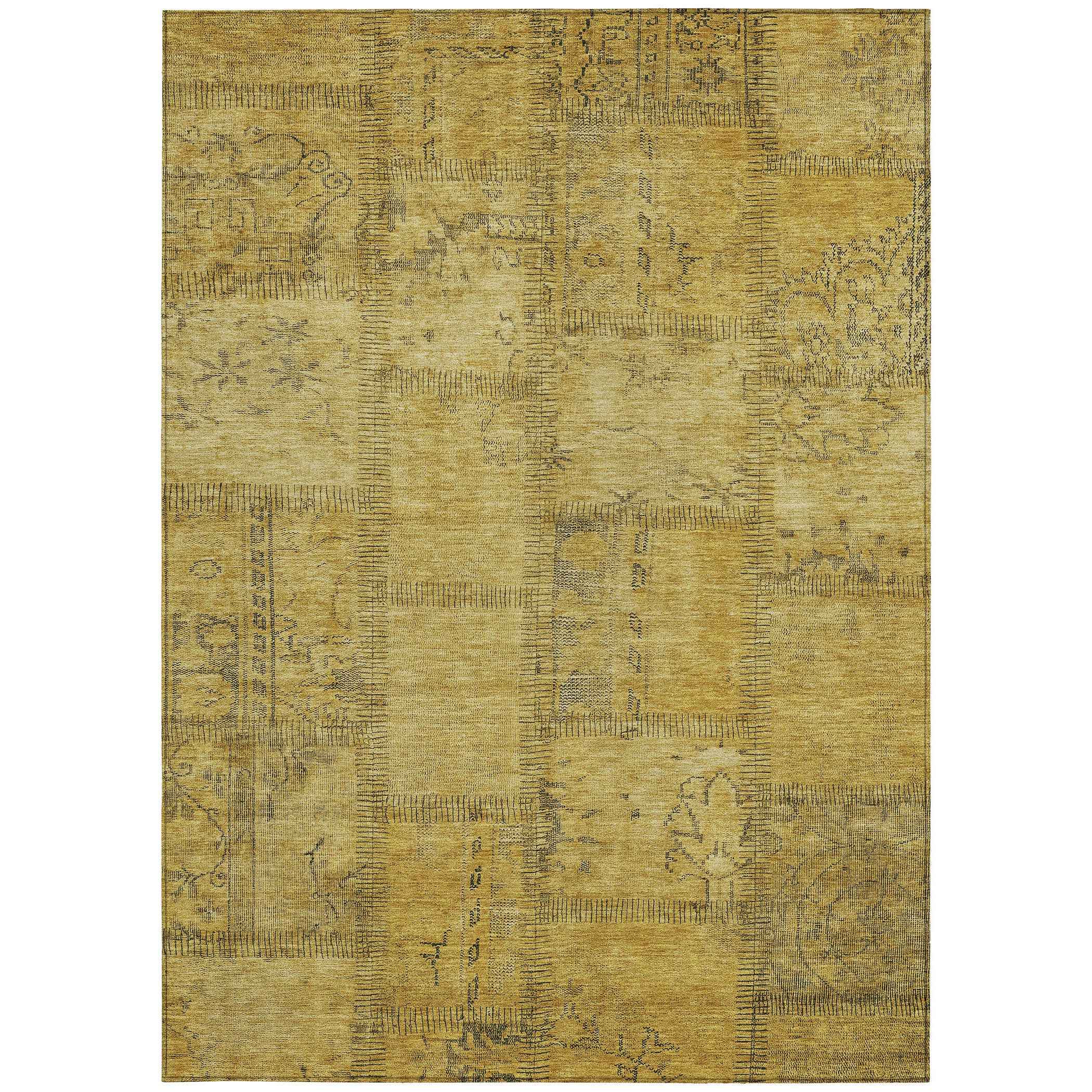 8' X 10' Gold Wheat And Gray Patchwork Washable Indoor Outdoor Area Rug