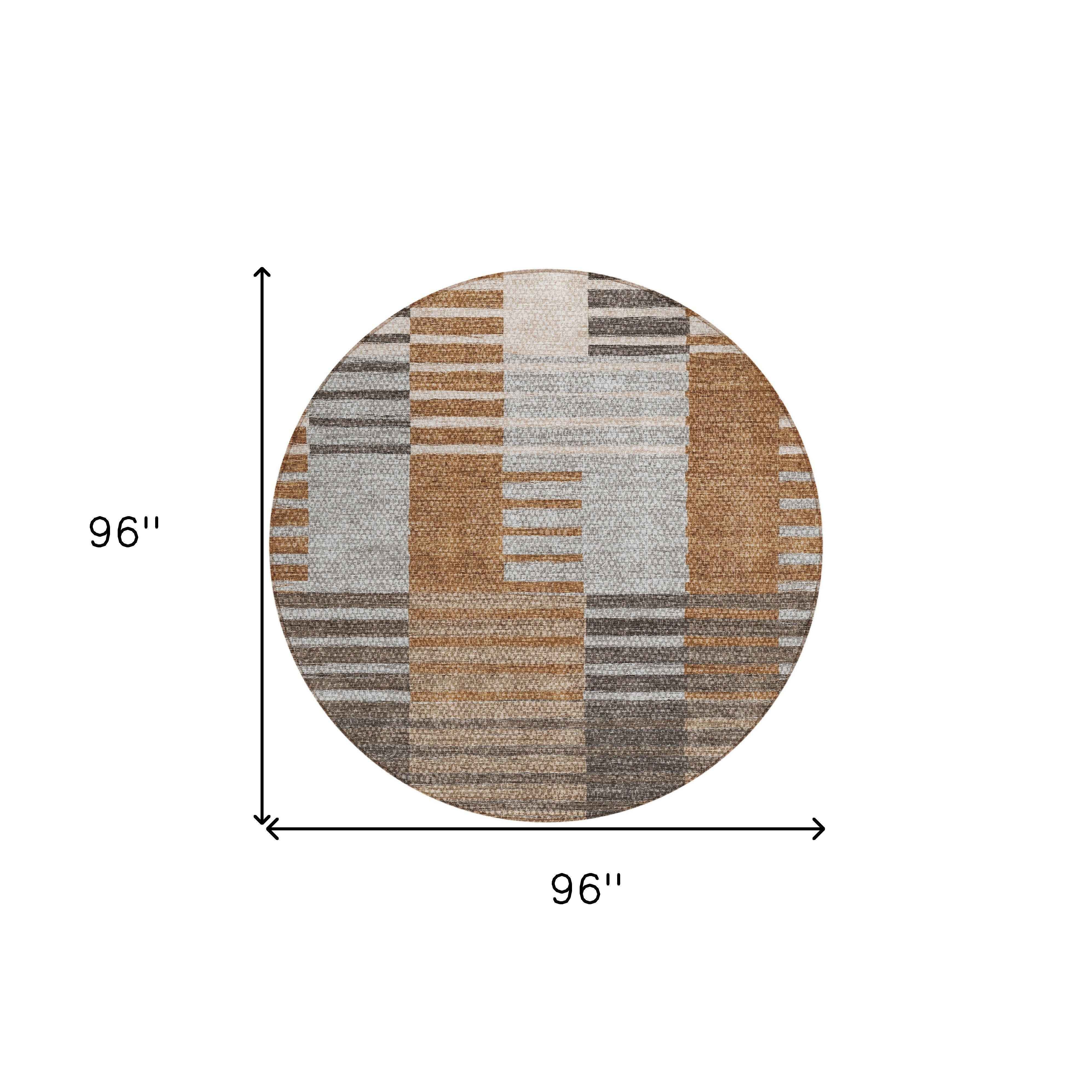 8' Chocolate And Gray Round Striped Washable Indoor Outdoor Area Rug