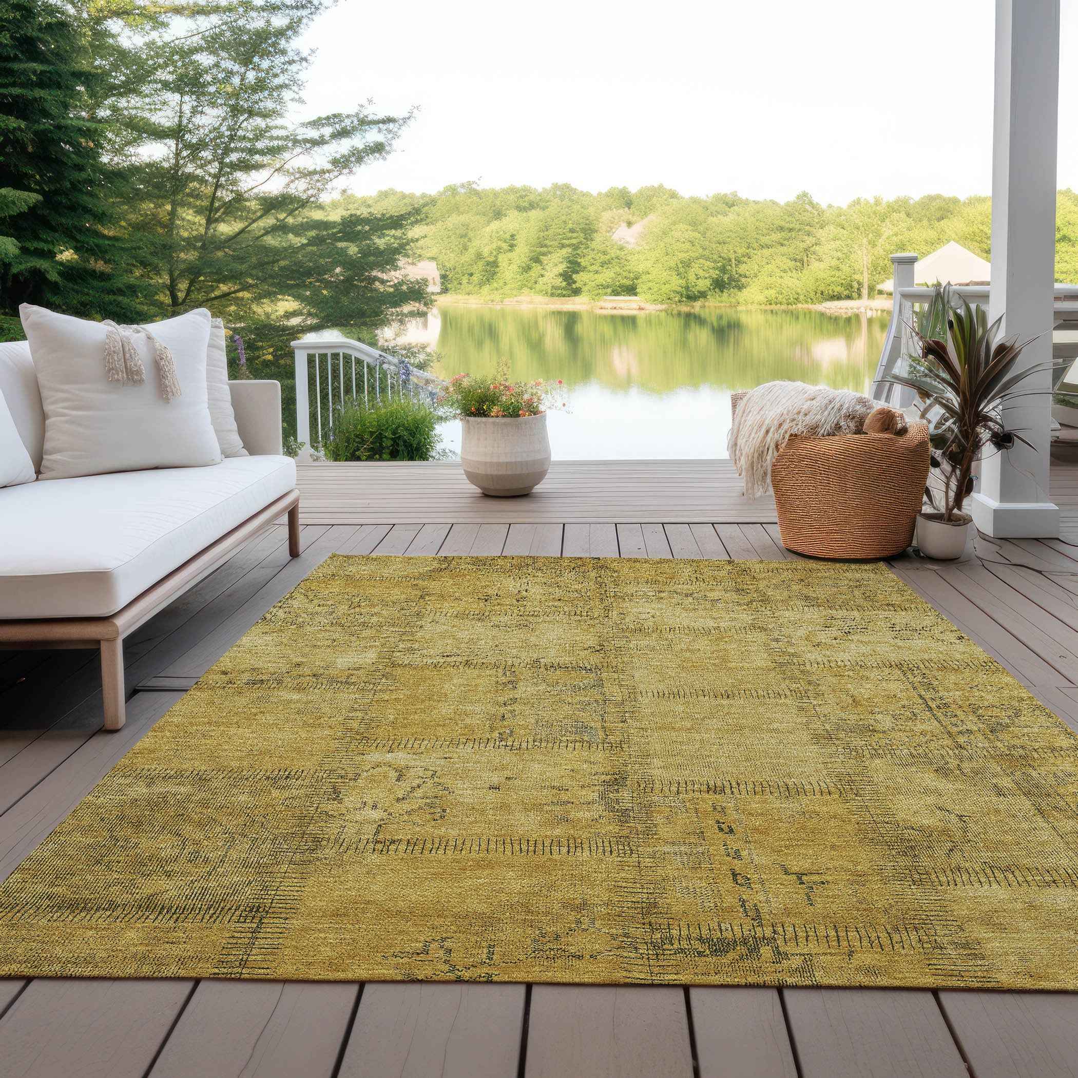 8' X 10' Gold Wheat And Gray Patchwork Washable Indoor Outdoor Area Rug
