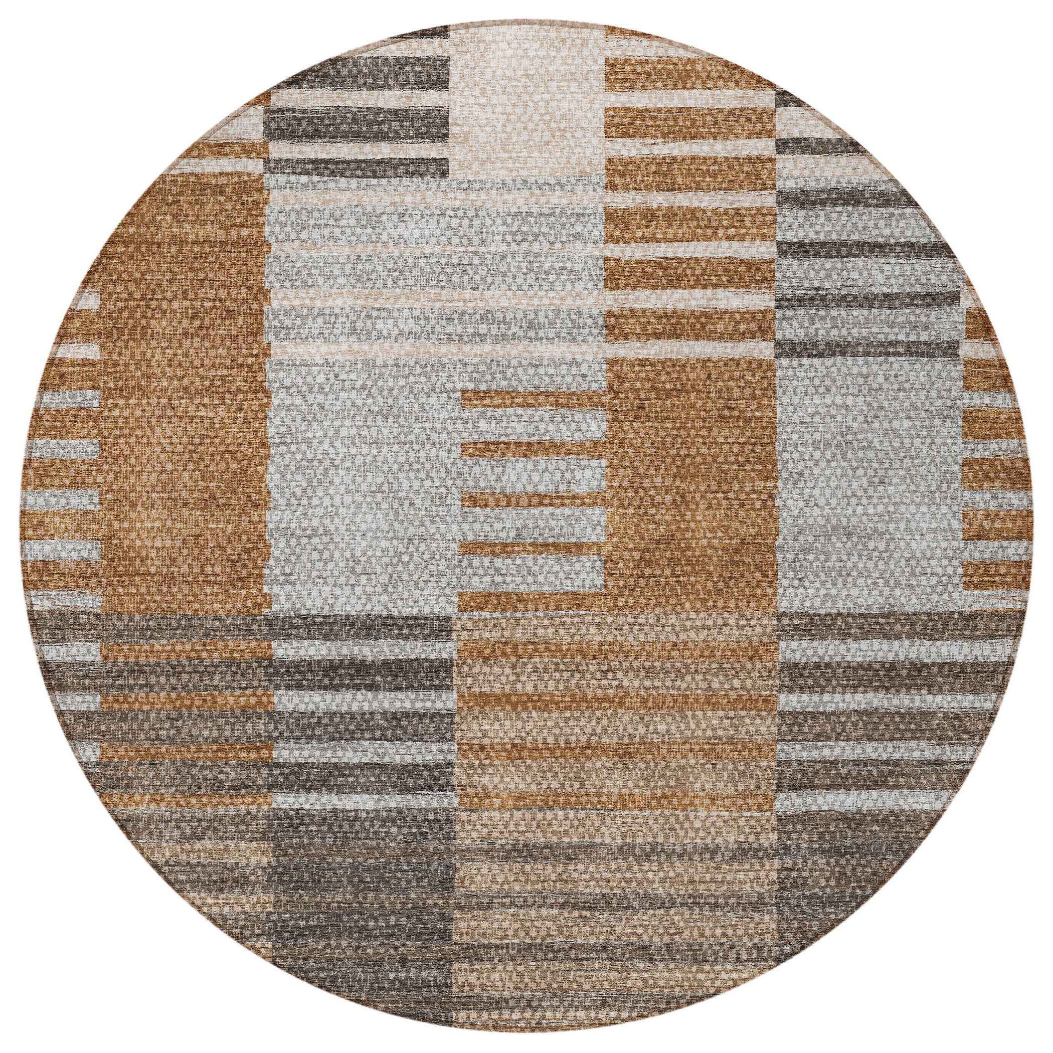 8' Chocolate And Gray Round Striped Washable Indoor Outdoor Area Rug