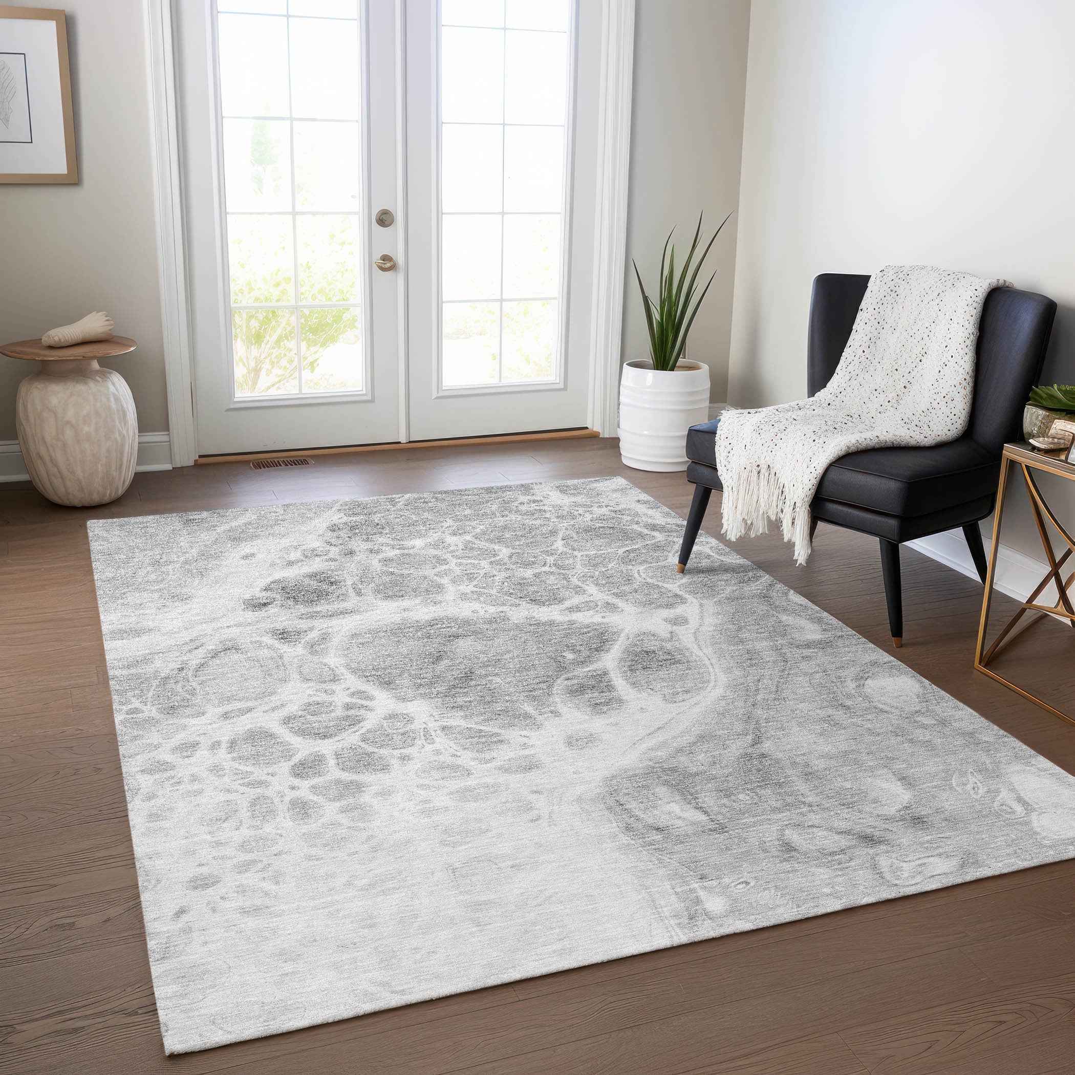 9' X 12' Gray Silver And Ivory Nautical Washable Indoor Outdoor Area Rug