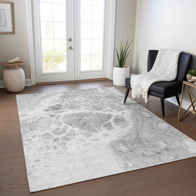 9' X 12' Gray Silver And Ivory Nautical Washable Indoor Outdoor Area Rug