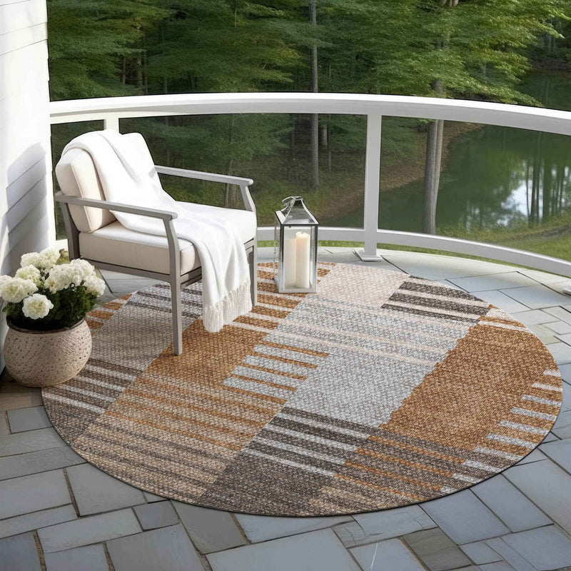 8' Chocolate And Gray Round Striped Washable Indoor Outdoor Area Rug