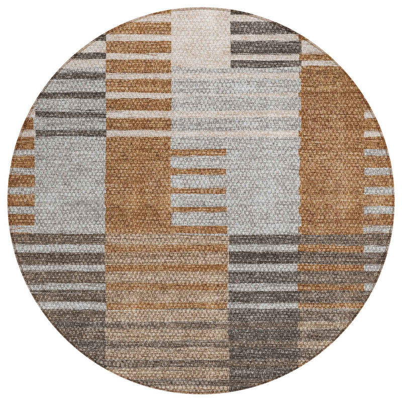 8' Chocolate And Gray Round Striped Washable Indoor Outdoor Area Rug