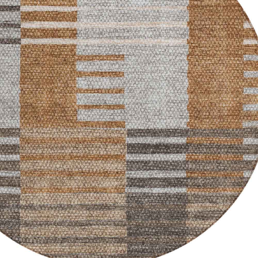 8' Chocolate And Gray Round Striped Washable Indoor Outdoor Area Rug