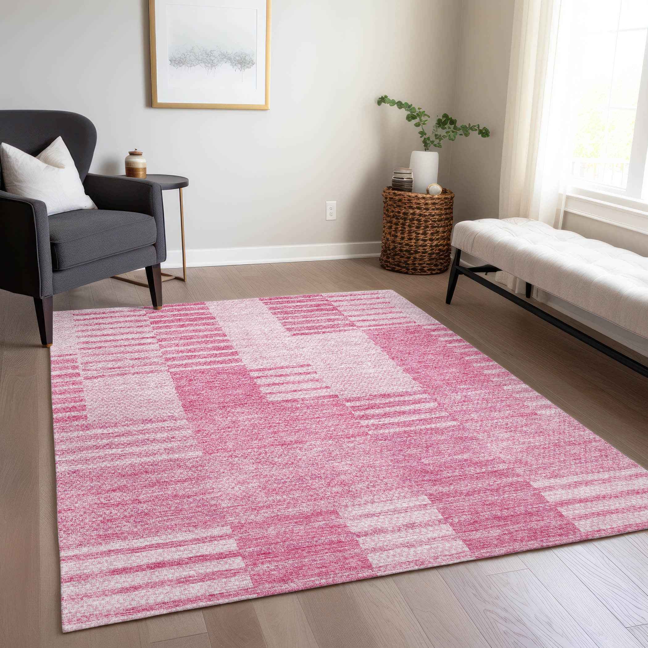 5' X 8' Pink And Blush Striped Washable Indoor Outdoor Area Rug