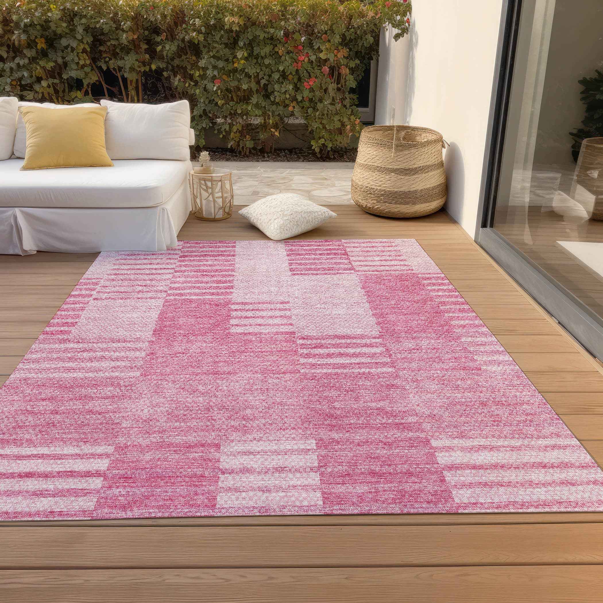 5' X 8' Pink And Blush Striped Washable Indoor Outdoor Area Rug