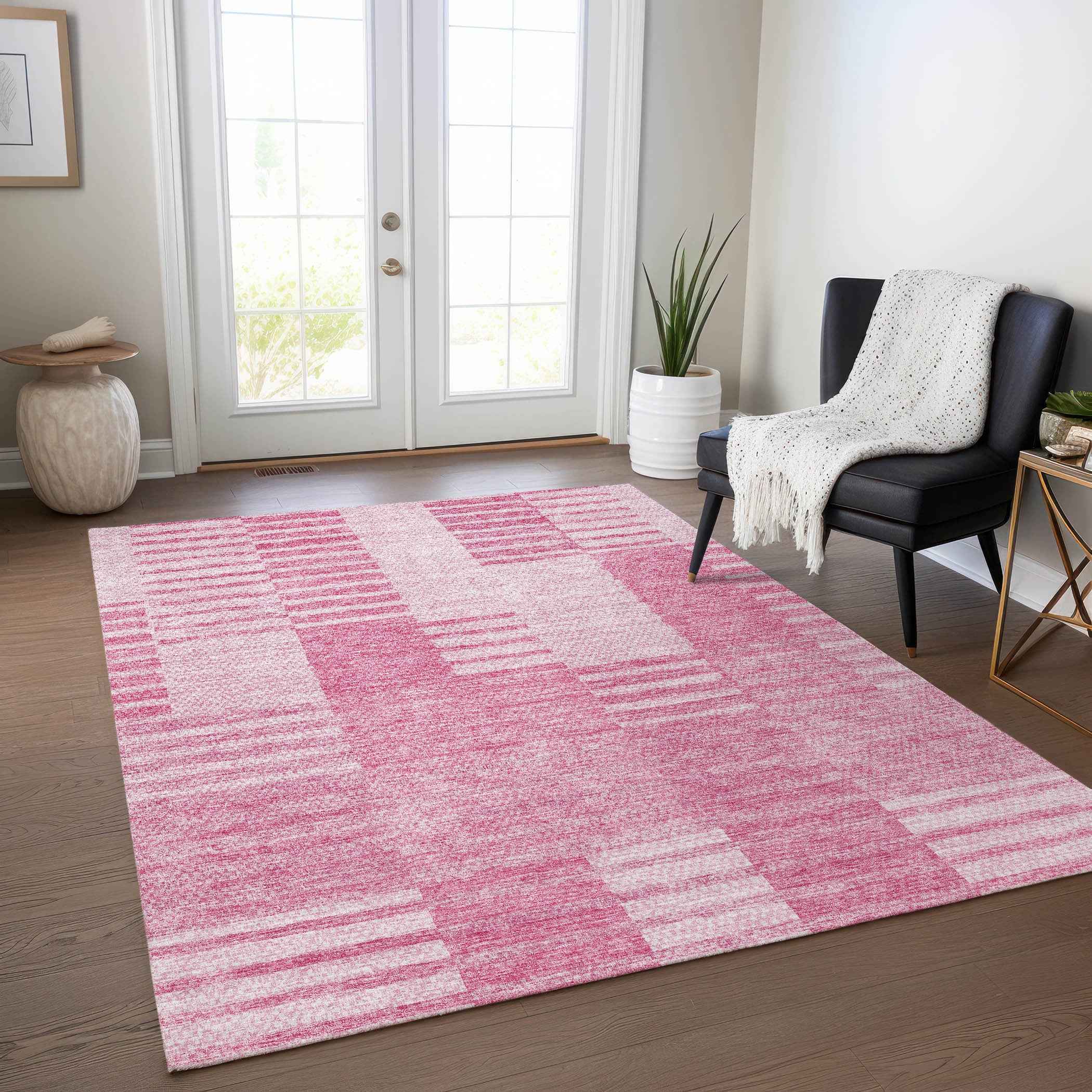 5' X 8' Pink And Blush Striped Washable Indoor Outdoor Area Rug