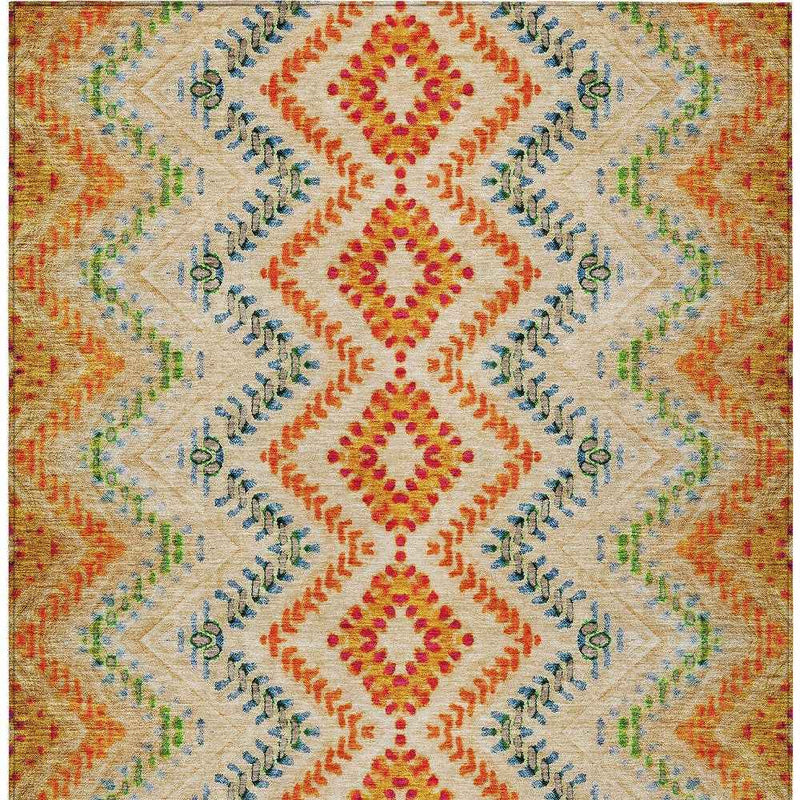 5' X 8' Beige Orange And Red Geometric Washable Indoor Outdoor Area Rug