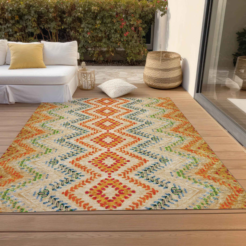 5' X 8' Beige Orange And Red Geometric Washable Indoor Outdoor Area Rug