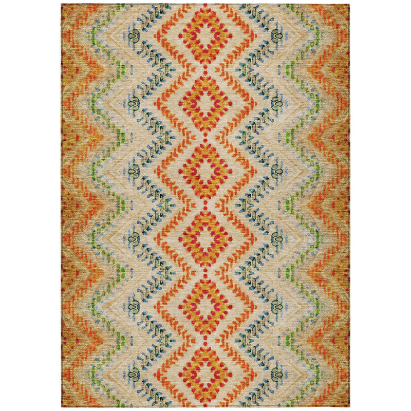 5' X 8' Beige Orange And Red Geometric Washable Indoor Outdoor Area Rug