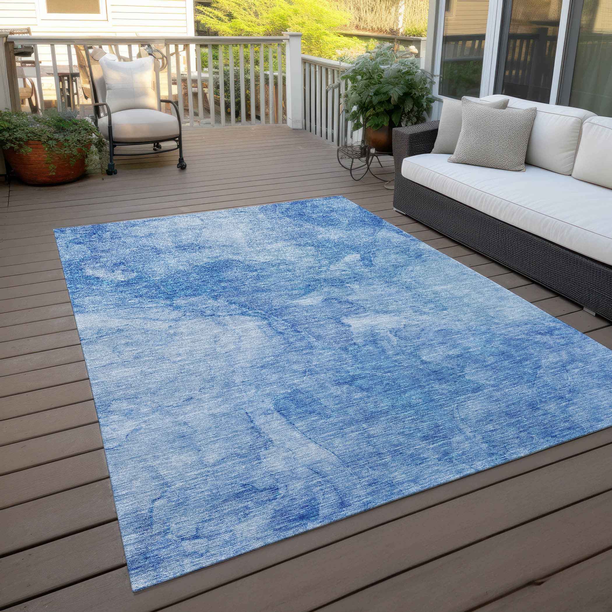 10' X 14' Denim Blue And Sky Blue Nautical Washable Indoor Outdoor Area Rug
