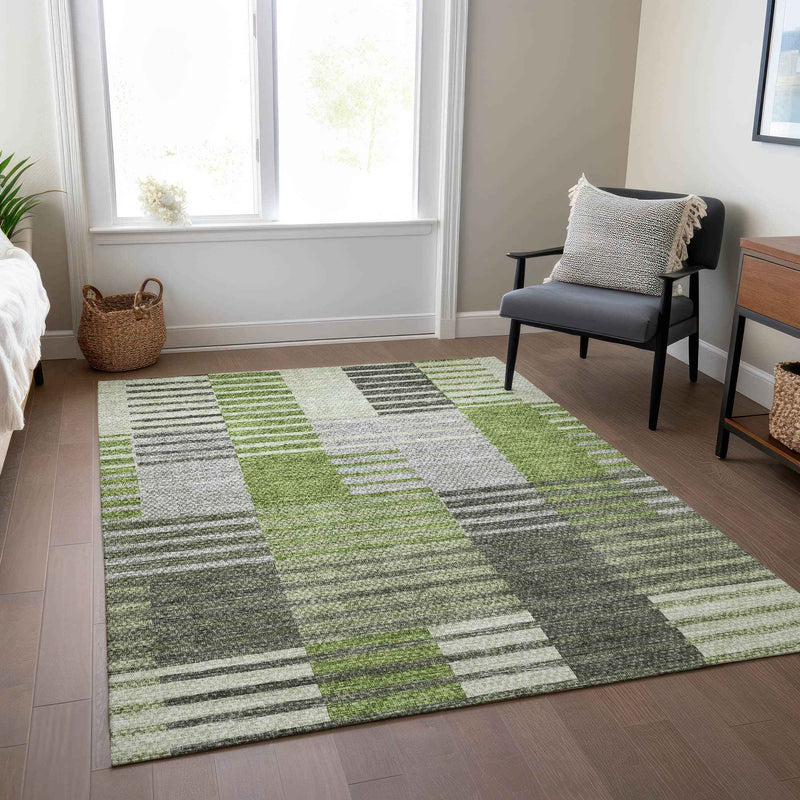 8' X 10' Green And Olive Green Striped Washable Indoor Outdoor Area Rug