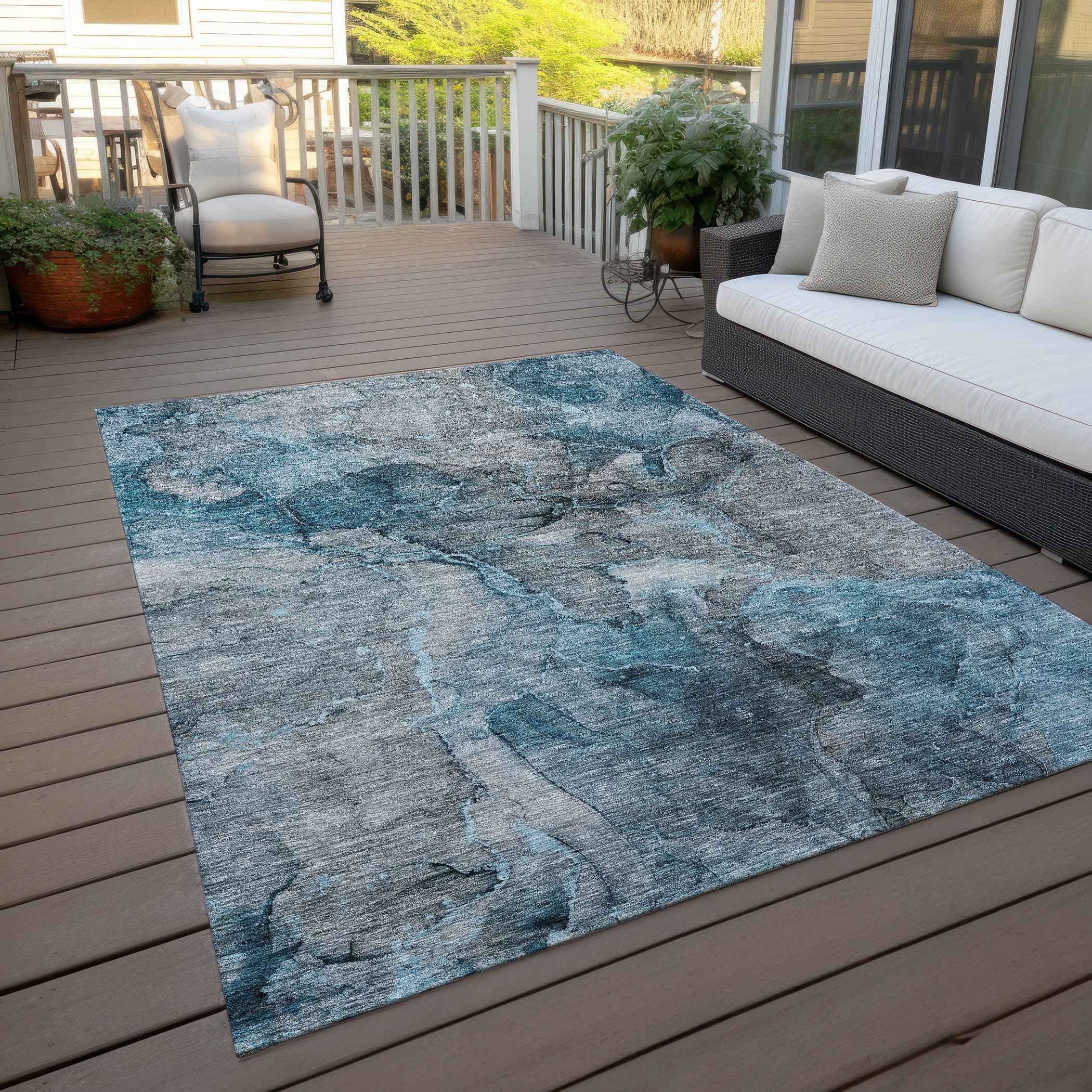 9' X 12' Teal Blue And Navy Blue Abstract Washable Indoor Outdoor Area Rug