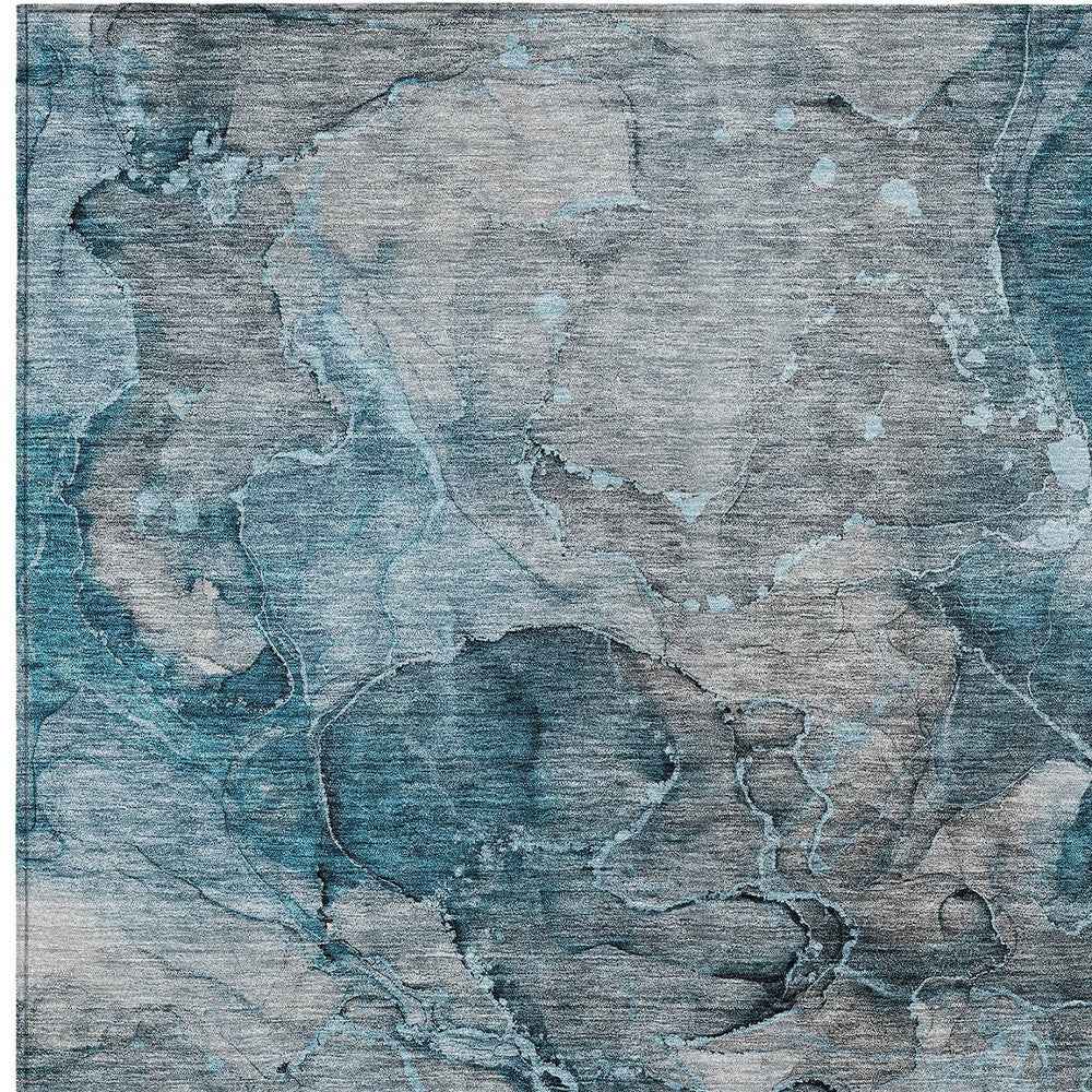 9' X 12' Teal Blue And Navy Blue Abstract Washable Indoor Outdoor Area Rug