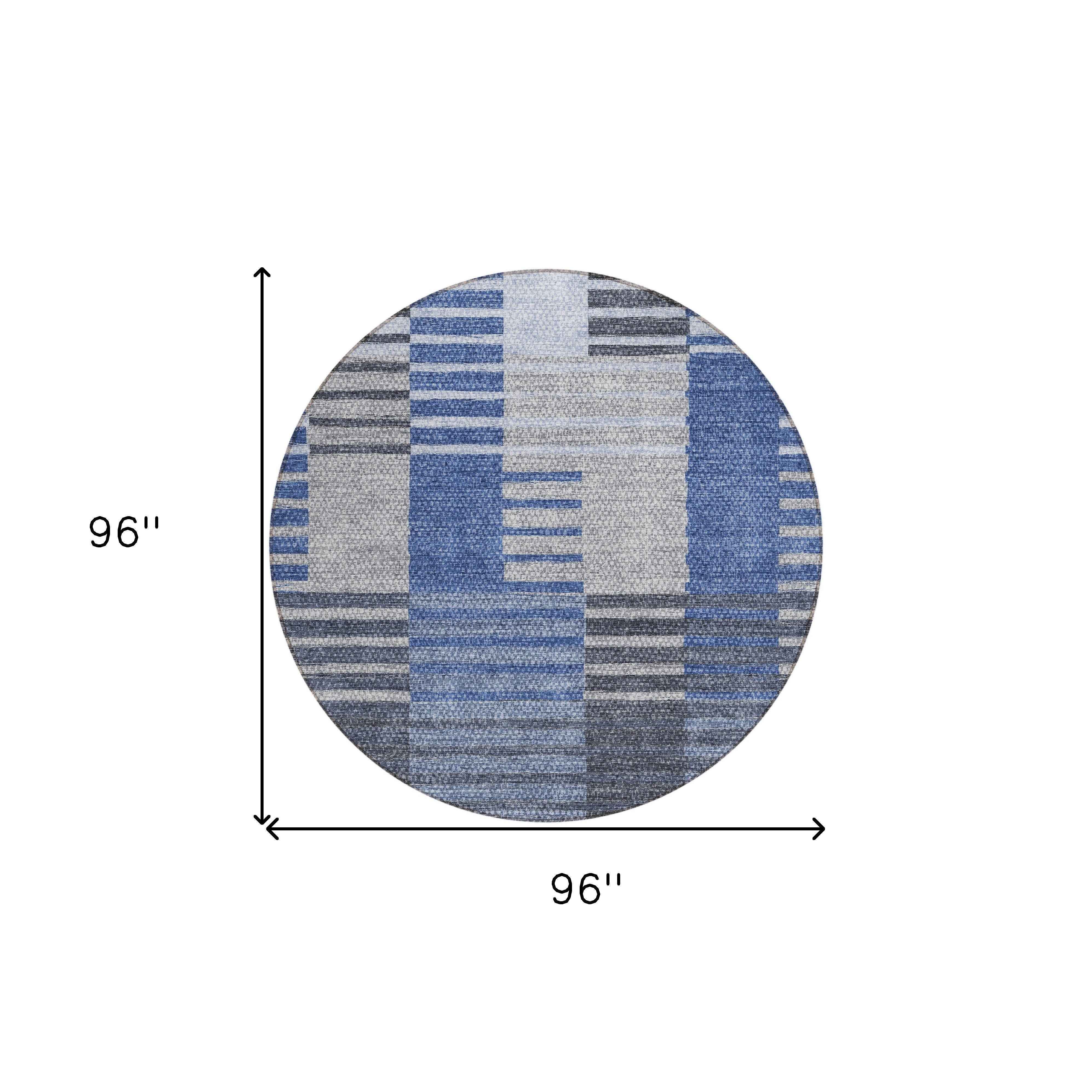 8' Denim Blue And Navy Blue Round Striped Washable Indoor Outdoor Area Rug