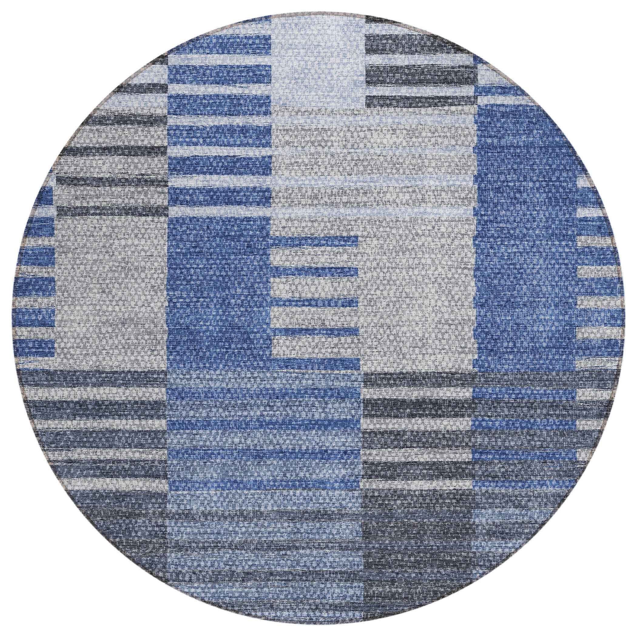 8' Denim Blue And Navy Blue Round Striped Washable Indoor Outdoor Area Rug
