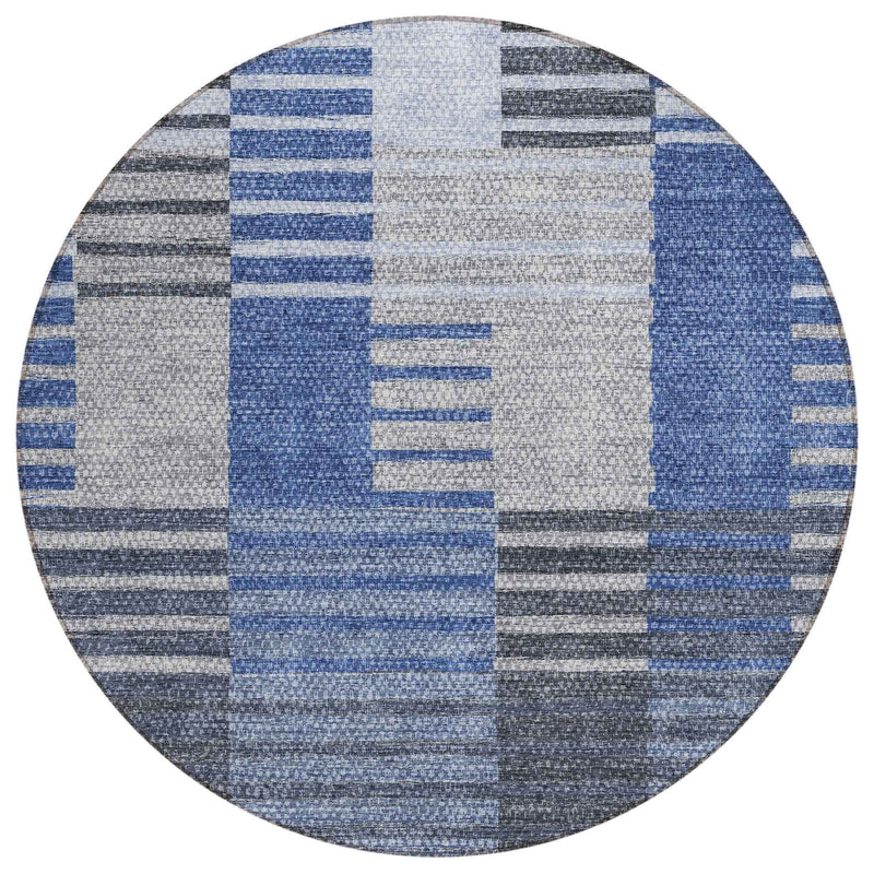 8' Denim Blue And Navy Blue Round Striped Washable Indoor Outdoor Area Rug