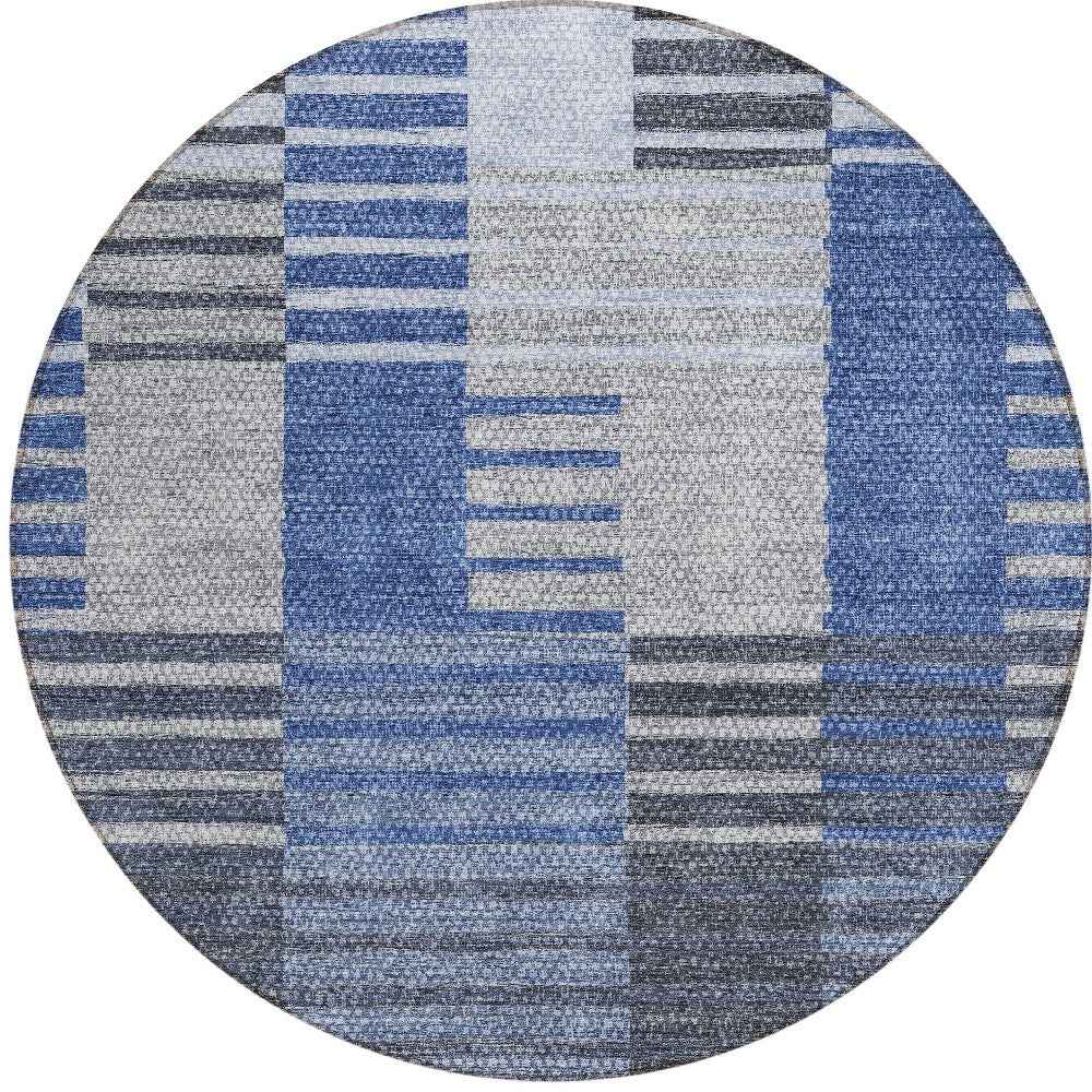 8' Denim Blue And Navy Blue Round Striped Washable Indoor Outdoor Area Rug