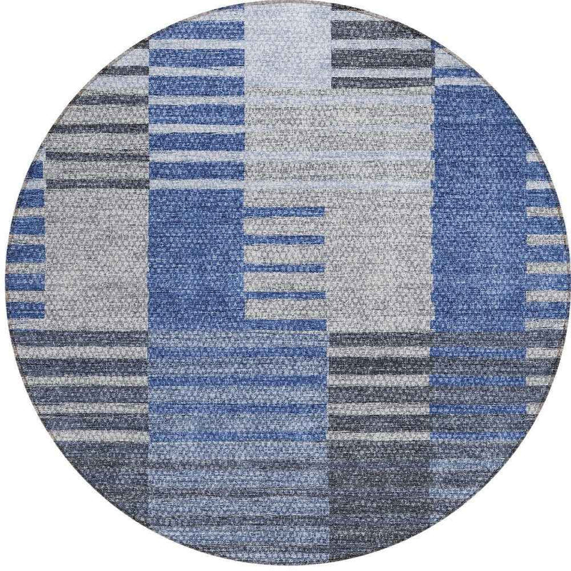 8' Denim Blue And Navy Blue Round Striped Washable Indoor Outdoor Area Rug