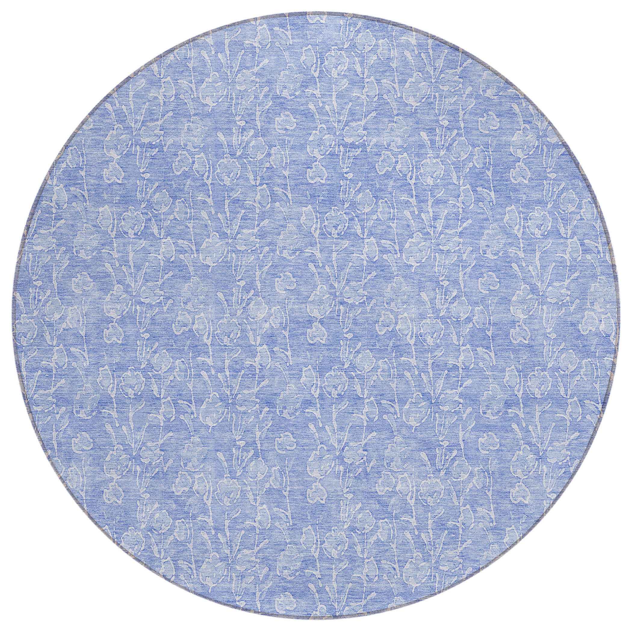 8' Denim Blue And Ivory Round Floral Washable Indoor Outdoor Area Rug