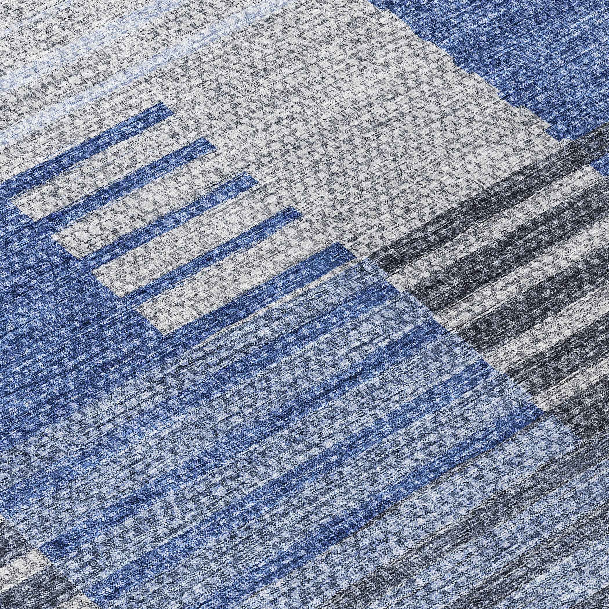 8' Denim Blue And Navy Blue Round Striped Washable Indoor Outdoor Area Rug