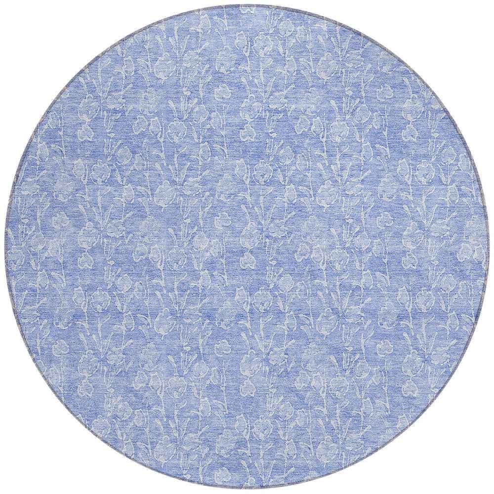 8' Denim Blue And Ivory Round Floral Washable Indoor Outdoor Area Rug