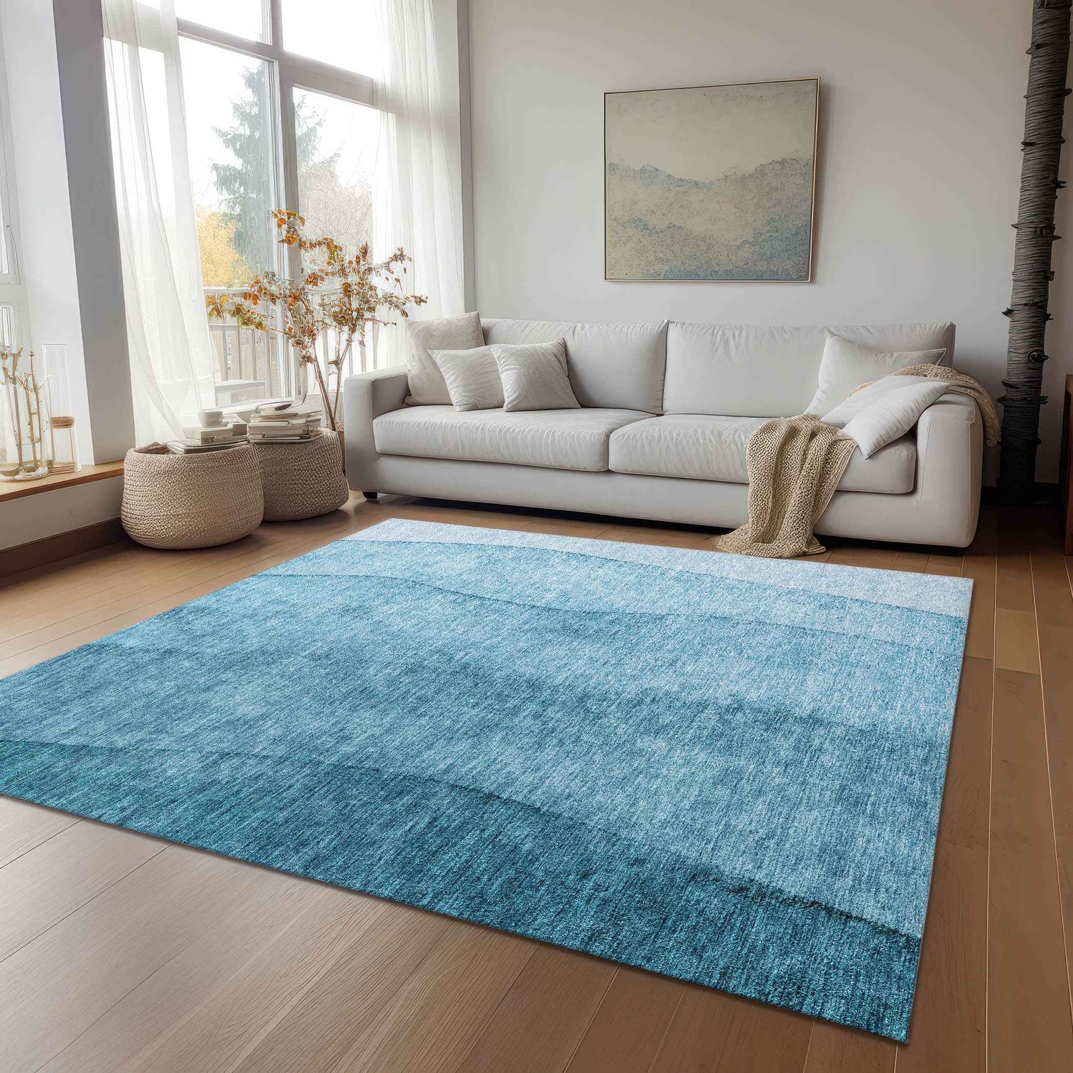 8' X 10' Teal Blue Aqua And Blue Ombre Washable Indoor Outdoor Area Rug