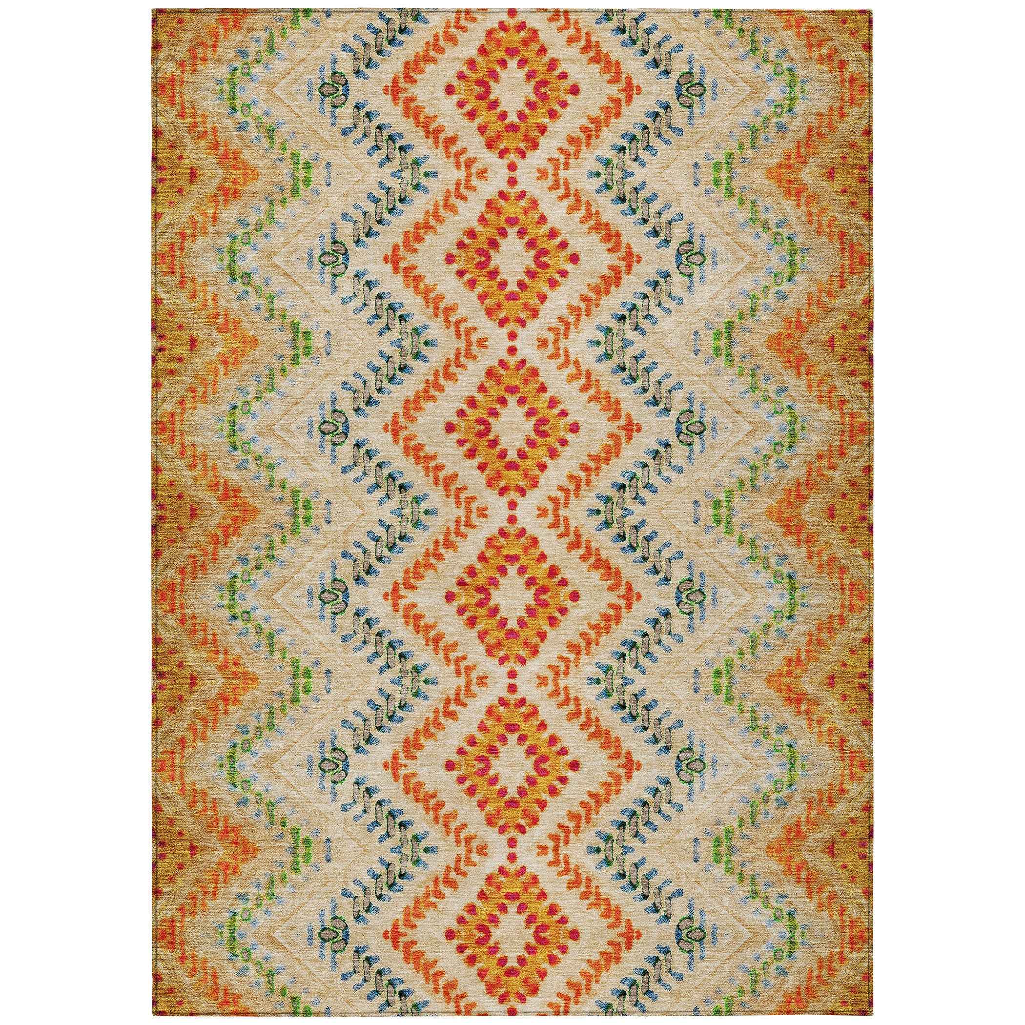 9' X 12' Beige Orange And Red Geometric Washable Indoor Outdoor Area Rug