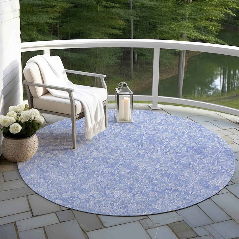8' Denim Blue And Ivory Round Floral Washable Indoor Outdoor Area Rug