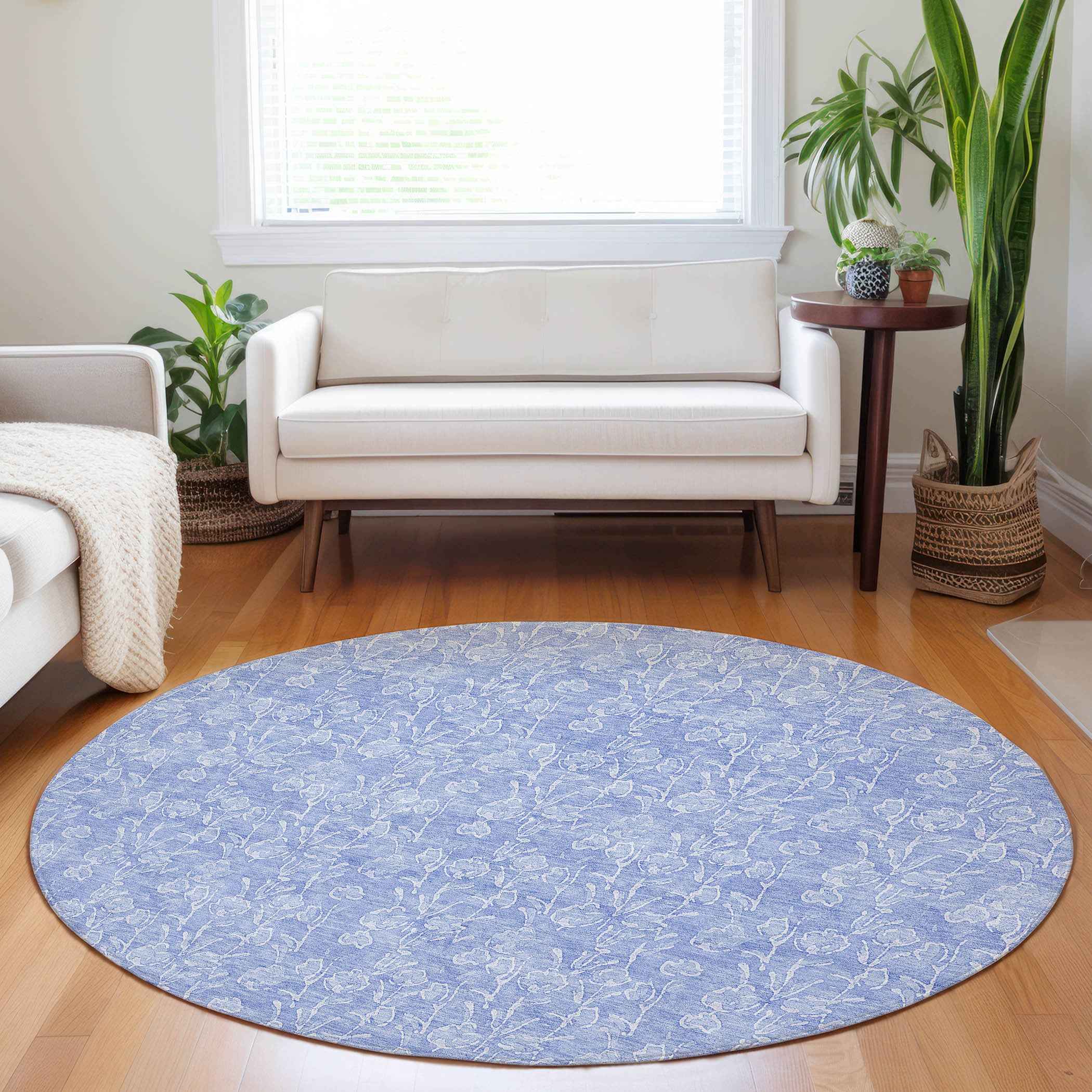 8' Denim Blue And Ivory Round Floral Washable Indoor Outdoor Area Rug