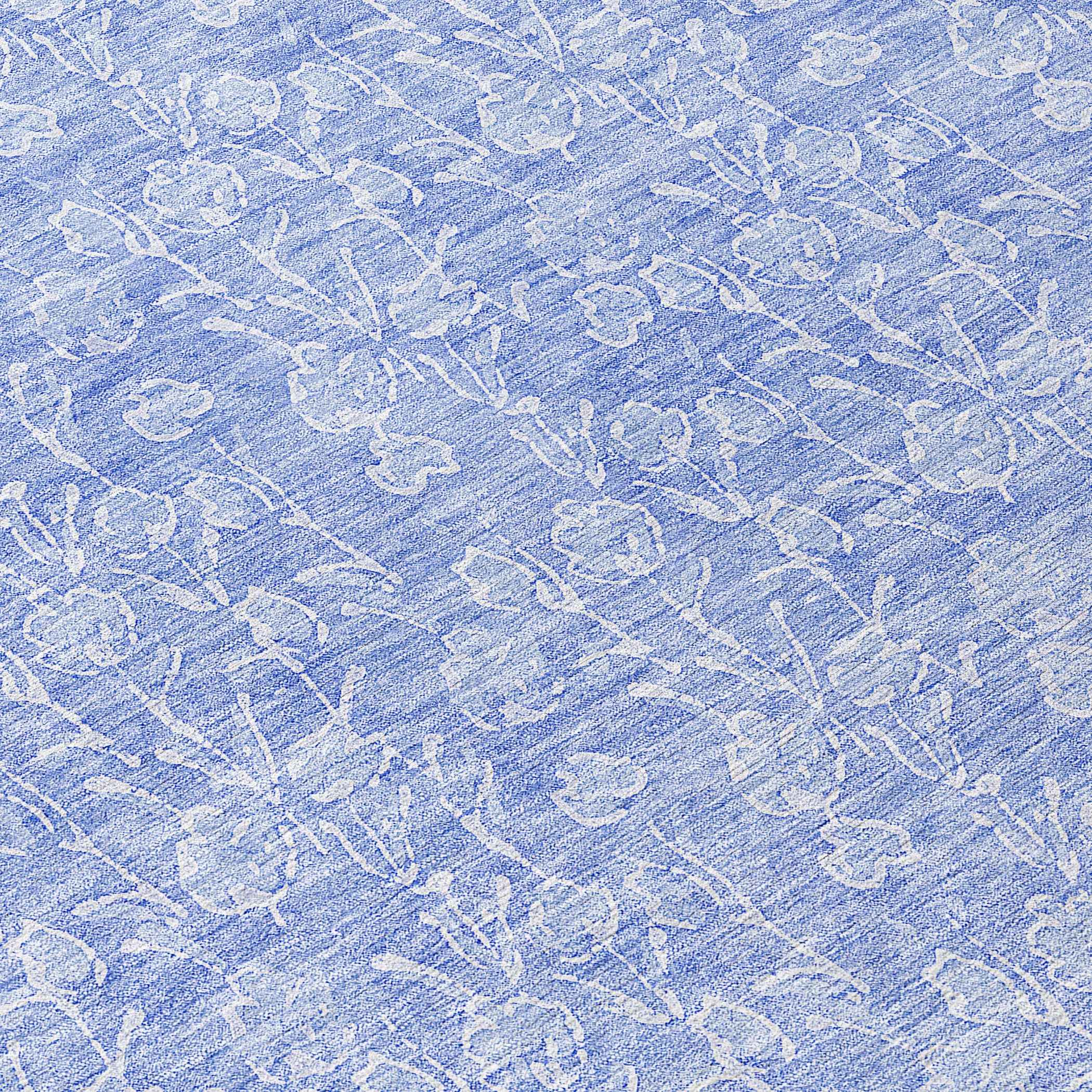 8' Denim Blue And Ivory Round Floral Washable Indoor Outdoor Area Rug