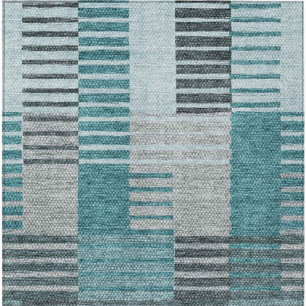 10' X 14' Teal Blue Aqua And Gray Striped Washable Indoor Outdoor Area Rug
