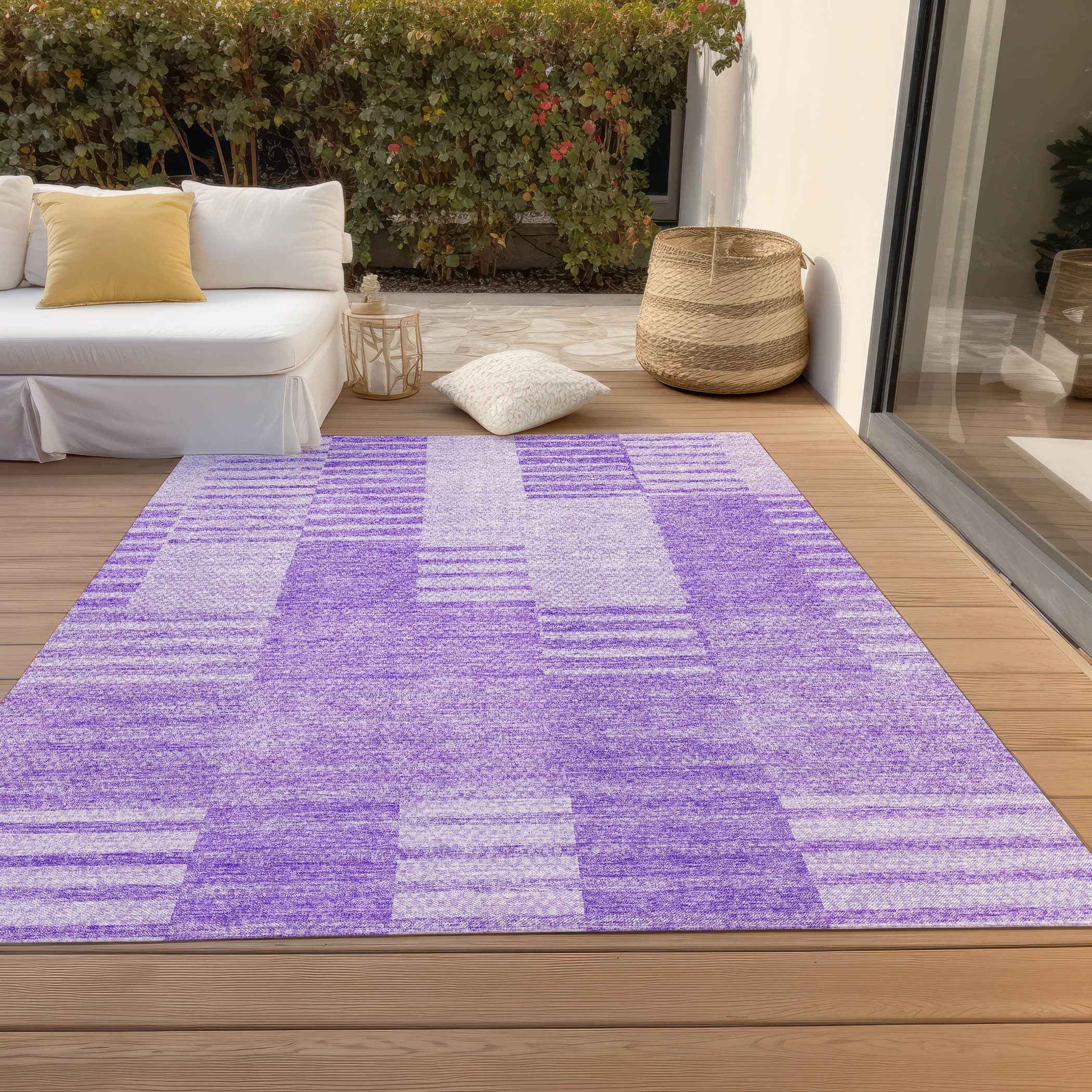 5' X 8' Lavender And Purple Striped Washable Indoor Outdoor Area Rug