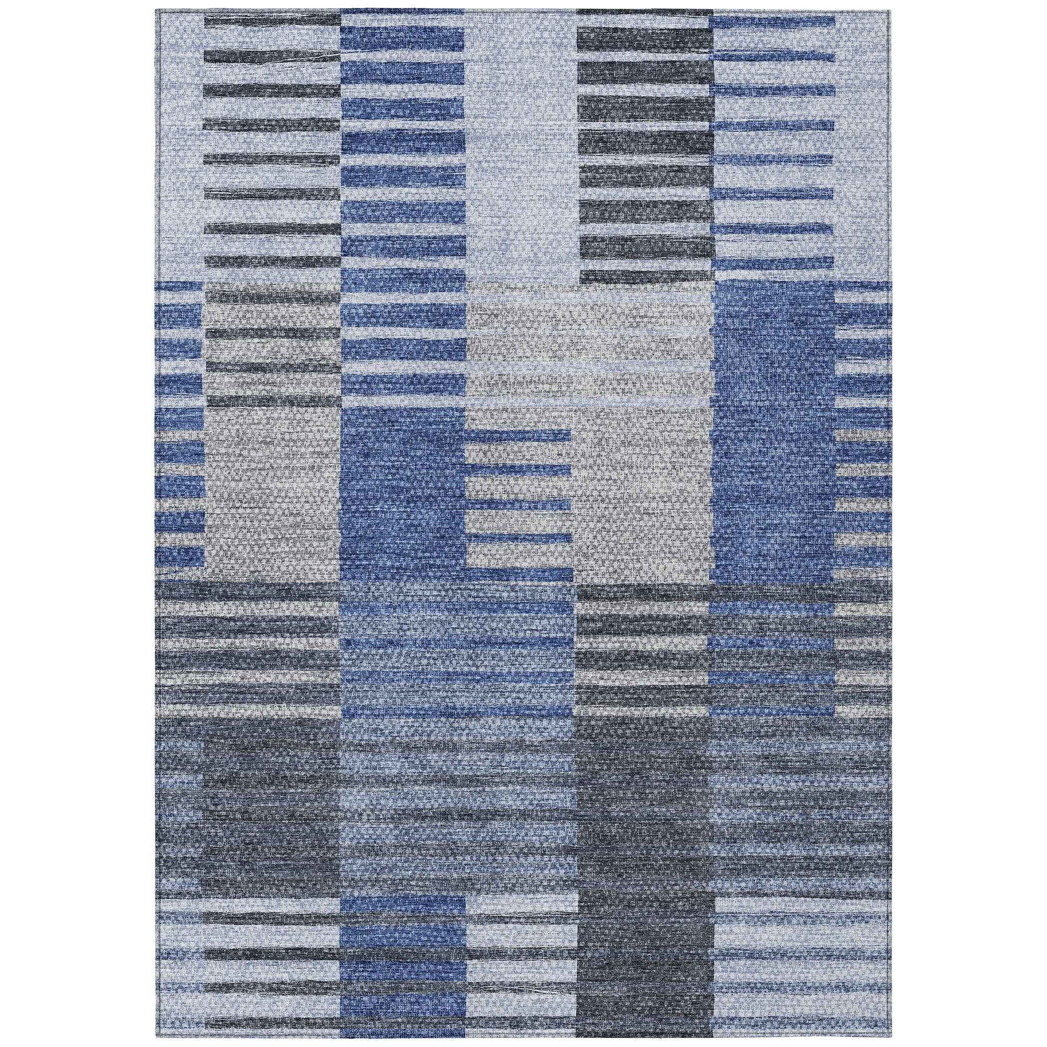 8' X 10' Denim Blue And Navy Blue Striped Washable Indoor Outdoor Area Rug