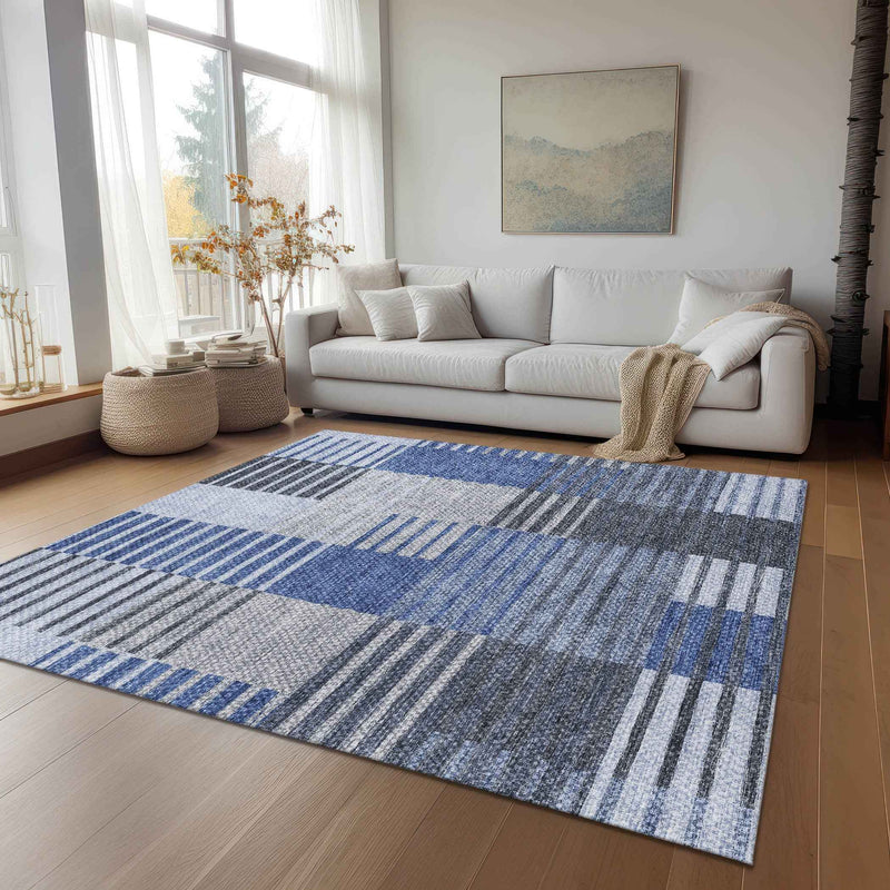 8' X 10' Denim Blue And Navy Blue Striped Washable Indoor Outdoor Area Rug