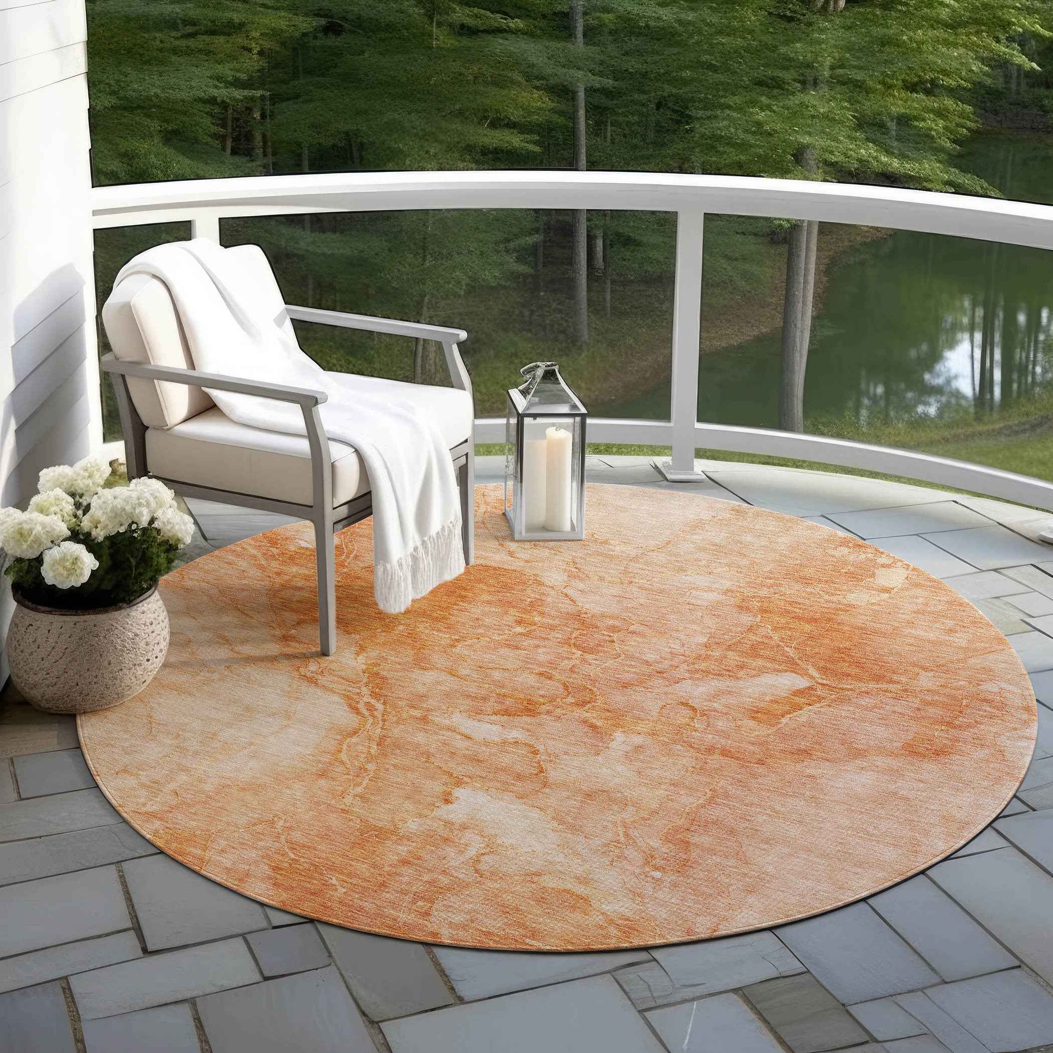 8' Salmon Peach And Ivory Round Nautical Washable Indoor Outdoor Area Rug