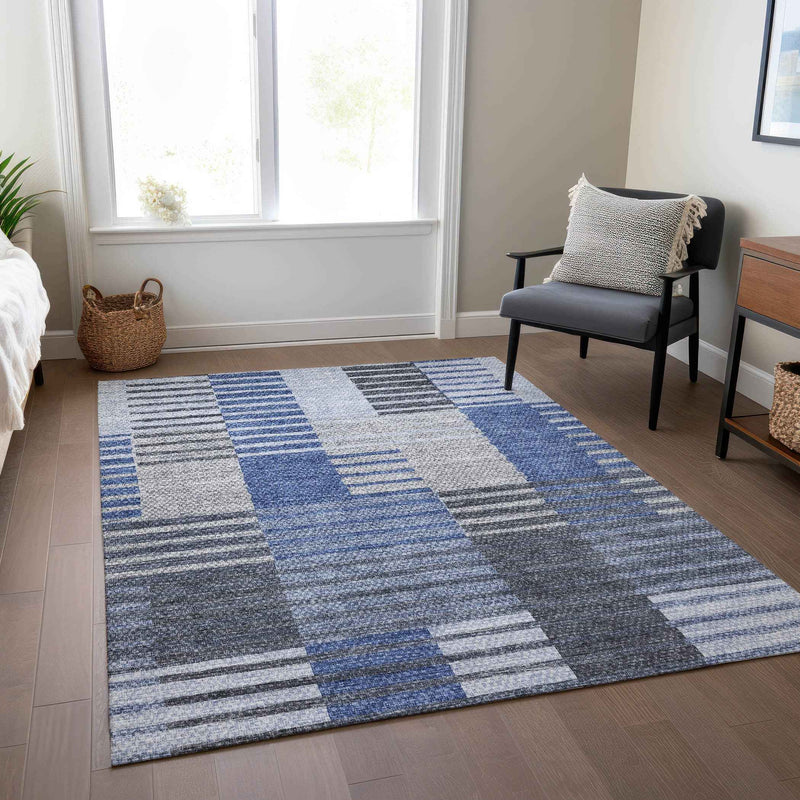 8' X 10' Denim Blue And Navy Blue Striped Washable Indoor Outdoor Area Rug